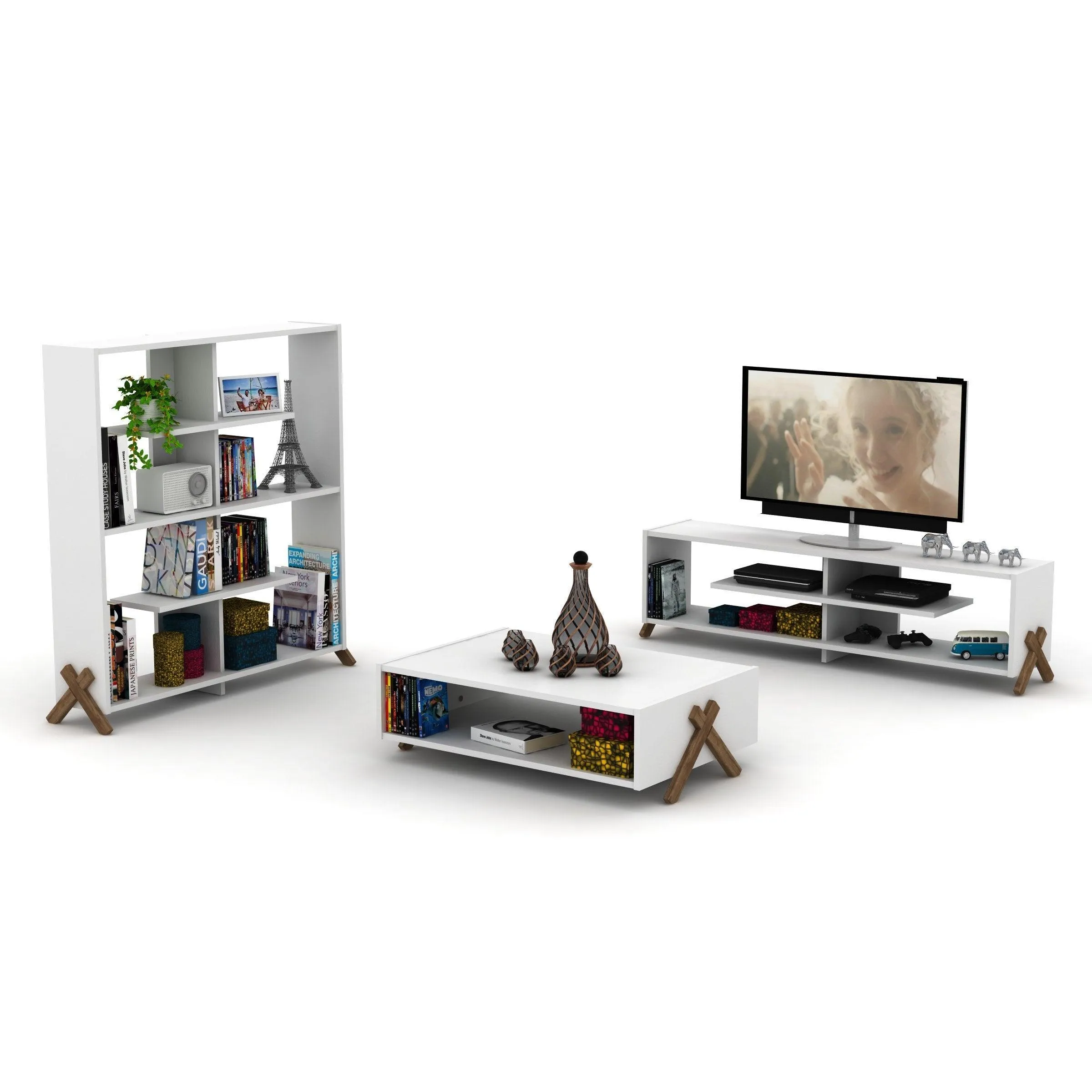 6 Shelves Bookcase Industrial Bookshelf Wood Frame Shelving Open Back, Modern Bookcases Large Bookshelf Organizer, Walnut/White
