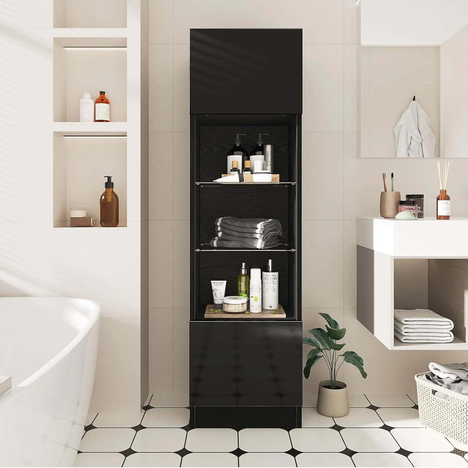 63” Tall 5-Tier Modern High Gloss Bookshelf with Storage Cabinet & Glass Shelve