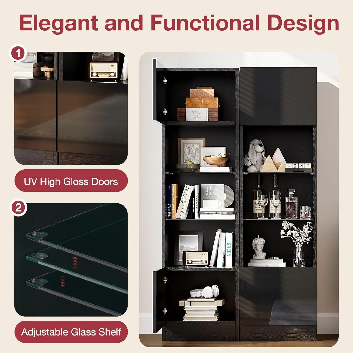 63” Tall 5-Tier Modern High Gloss Bookshelf with Storage Cabinet & Glass Shelve