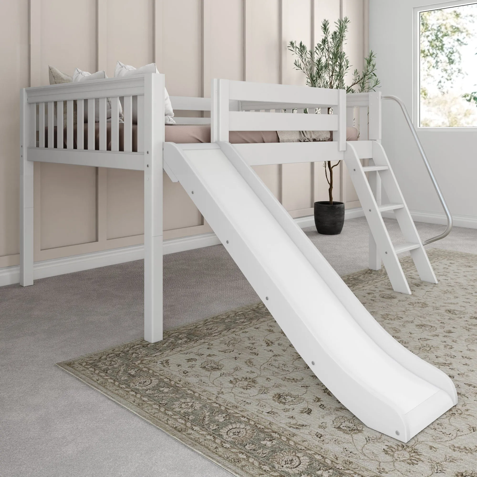 Full Low Loft Bed with Slide and Ladder on Front