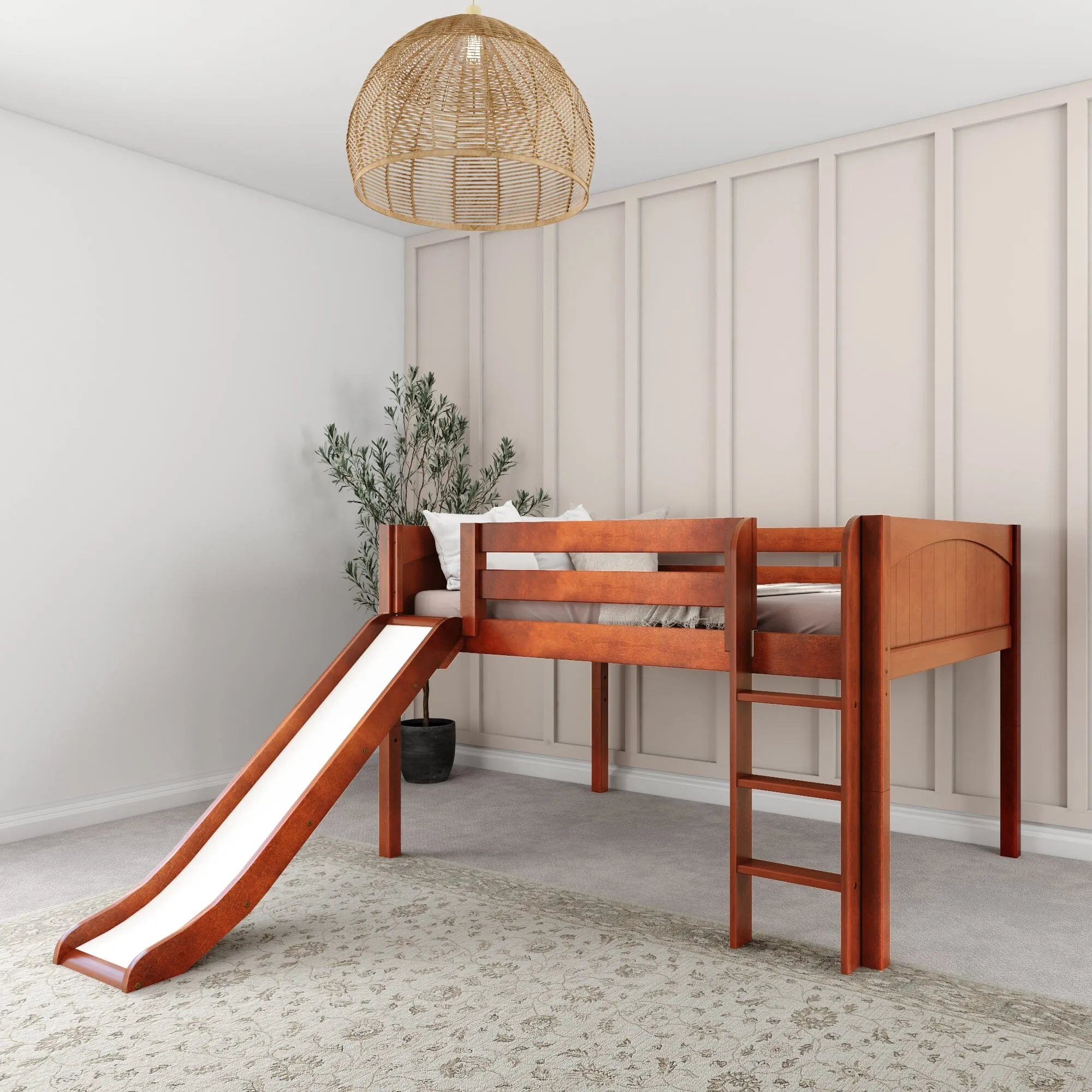 Full Low Loft Bed with Slide and Ladder on Front