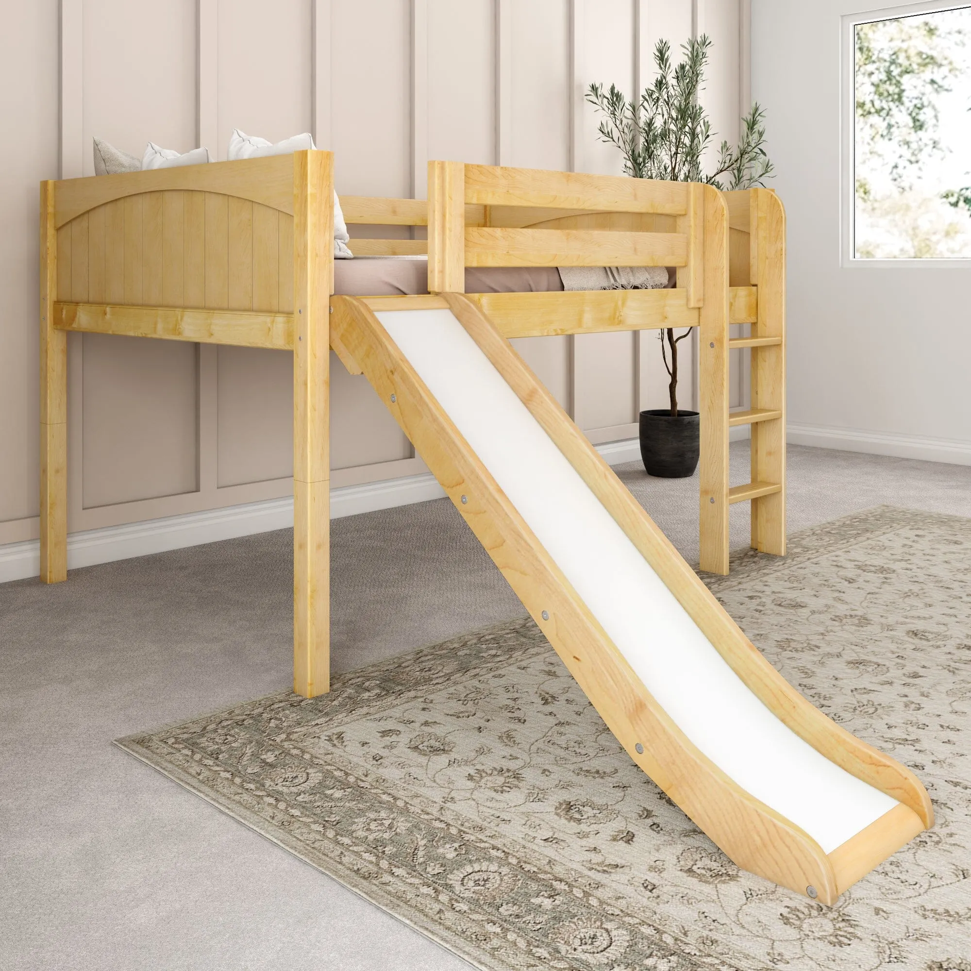 Full Low Loft Bed with Slide and Ladder on Front