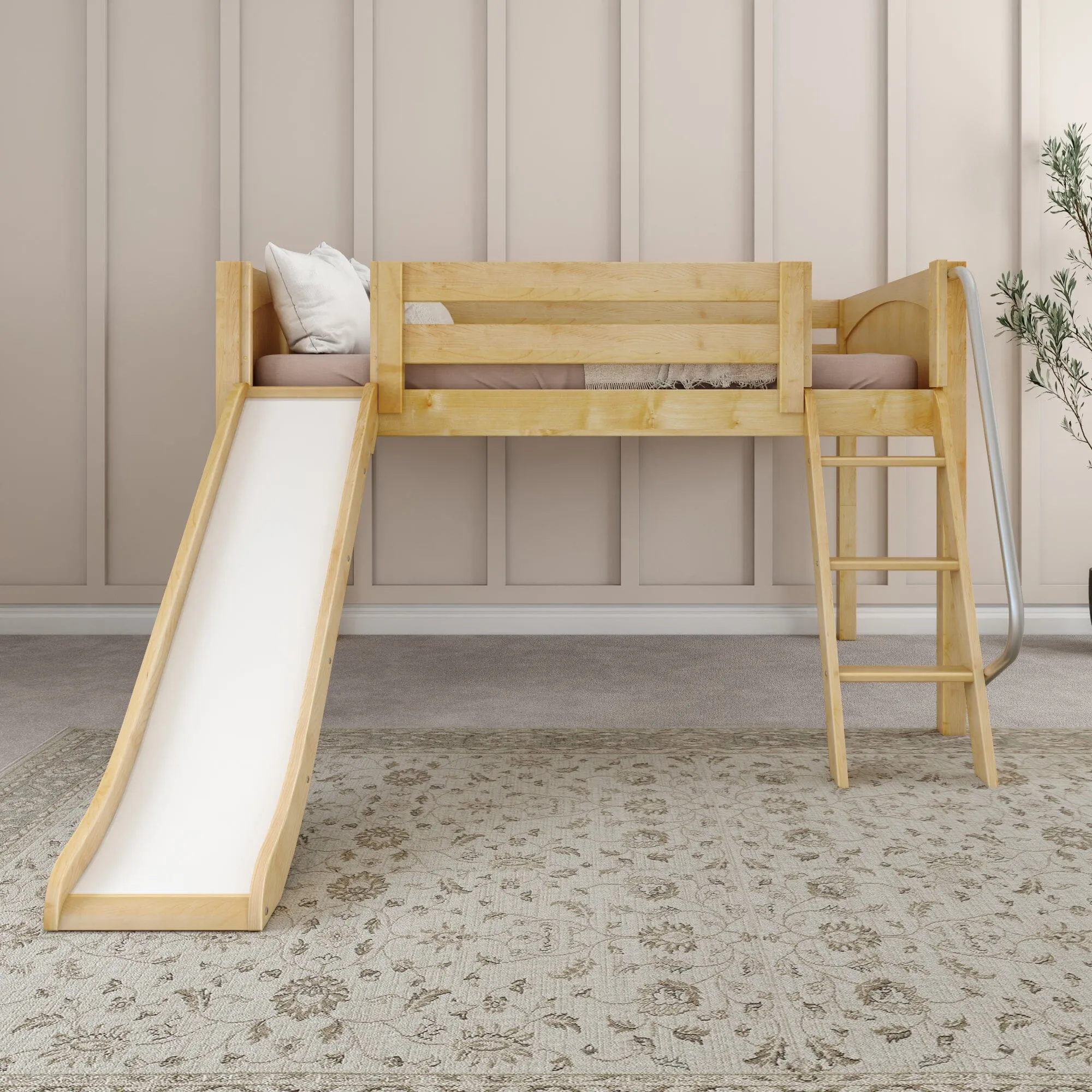 Full Low Loft Bed with Slide and Ladder on Front