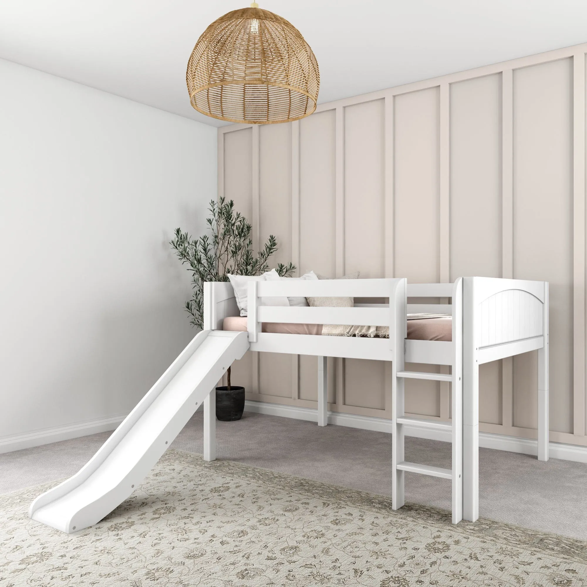 Full Low Loft Bed with Slide and Ladder on Front