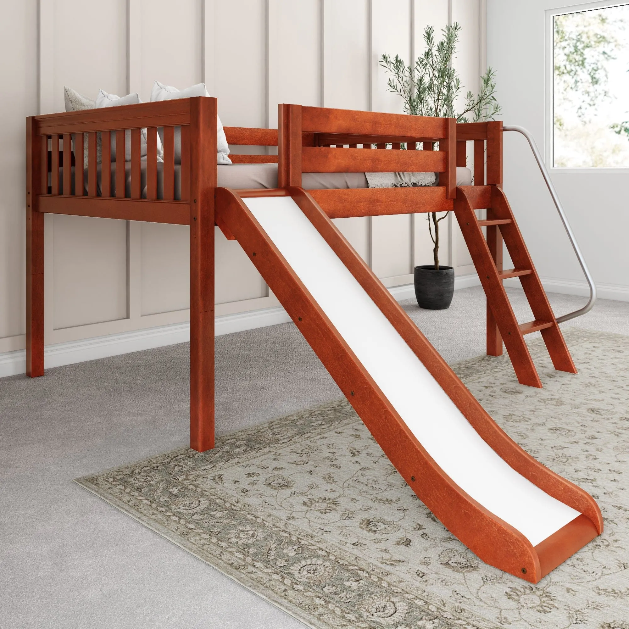 Full Low Loft Bed with Slide and Ladder on Front