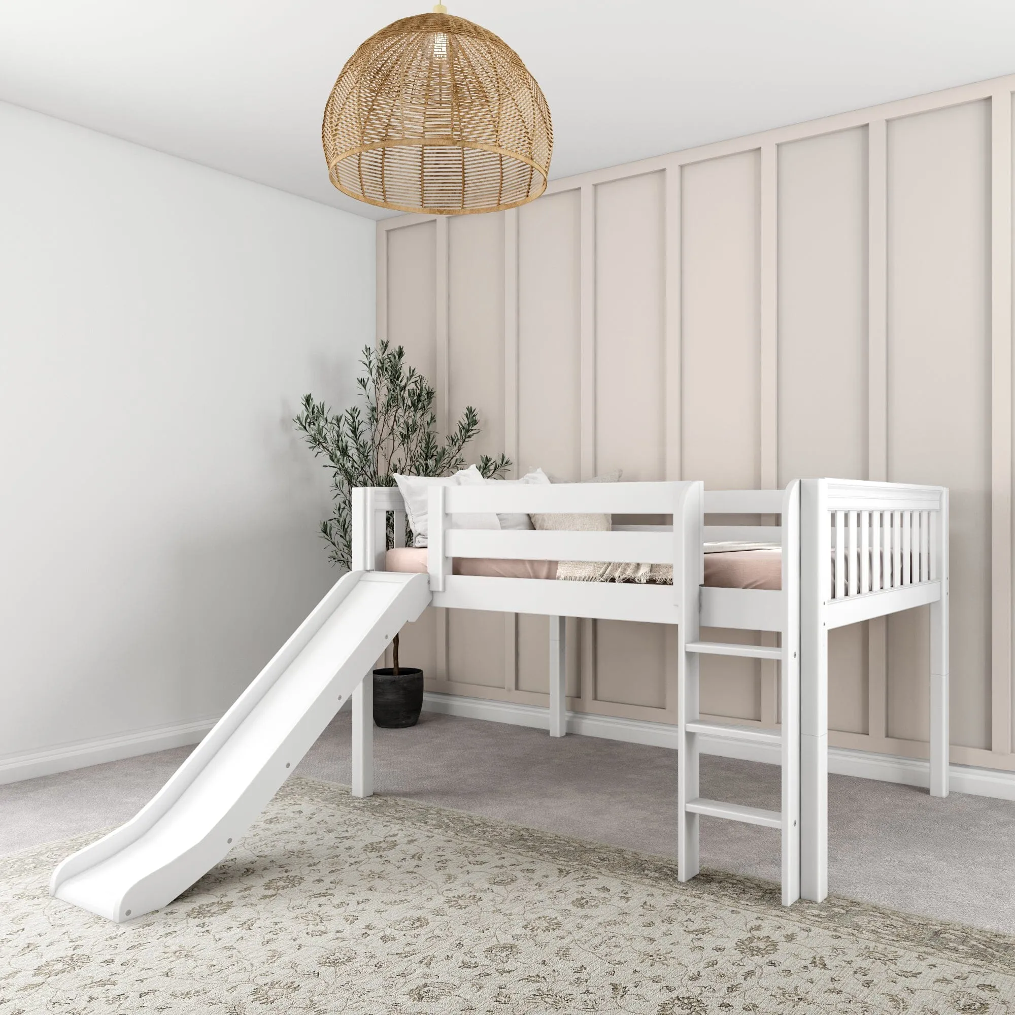 Full Low Loft Bed with Slide and Ladder on Front