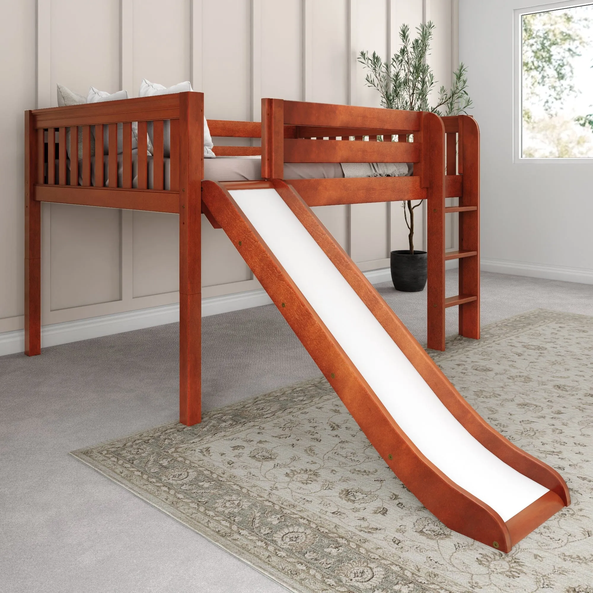 Full Low Loft Bed with Slide and Ladder on Front