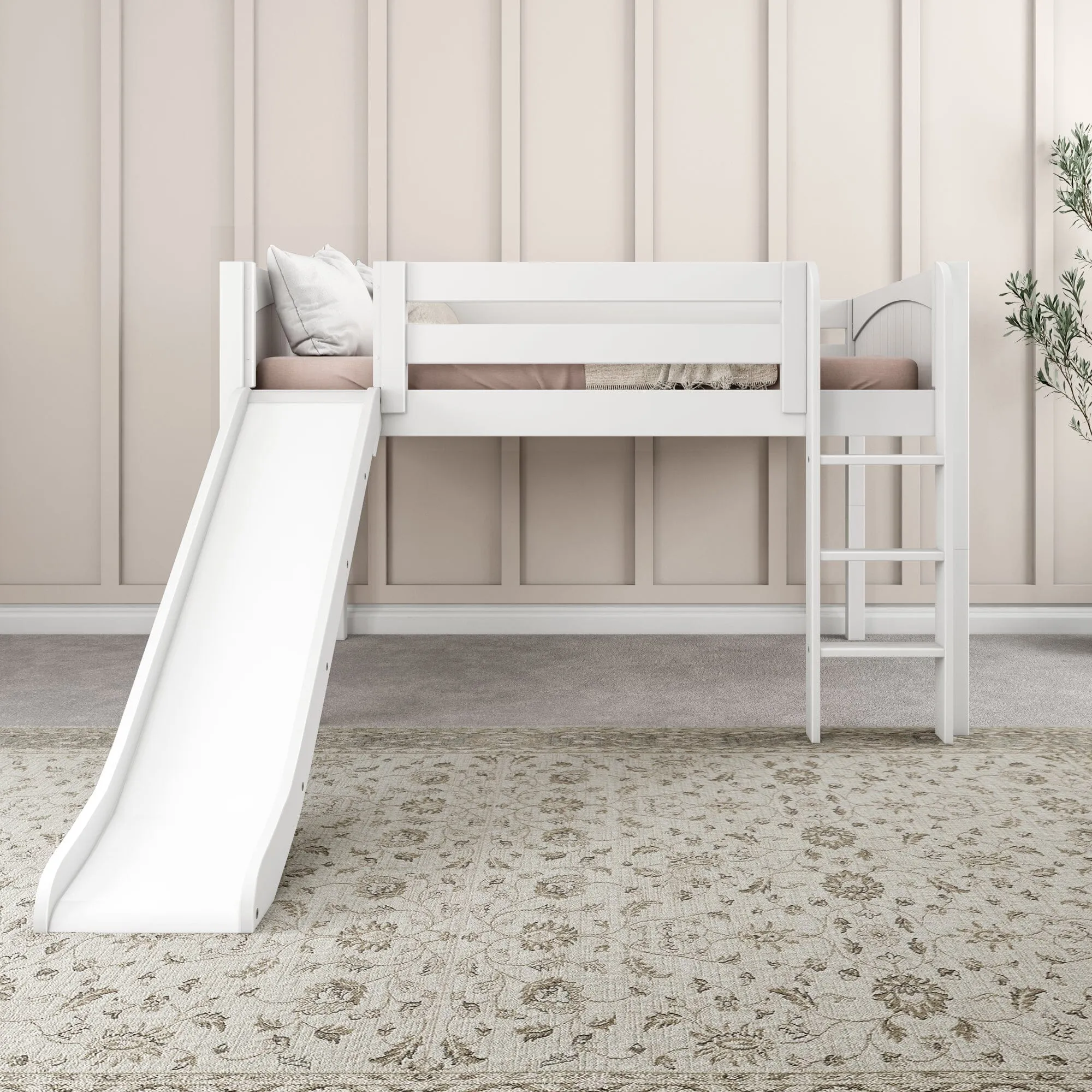 Full Low Loft Bed with Slide and Ladder on Front