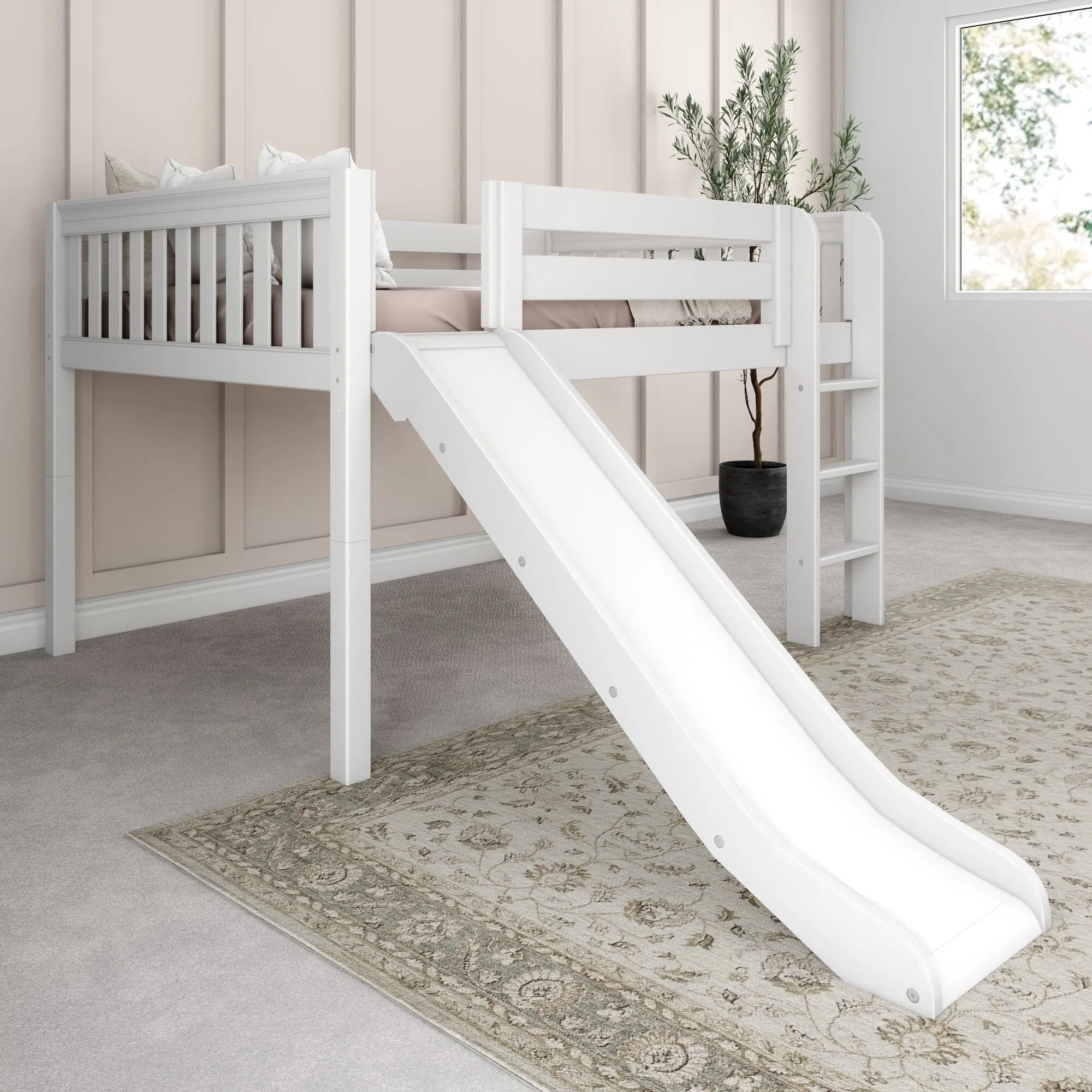 Full Low Loft Bed with Slide and Ladder on Front