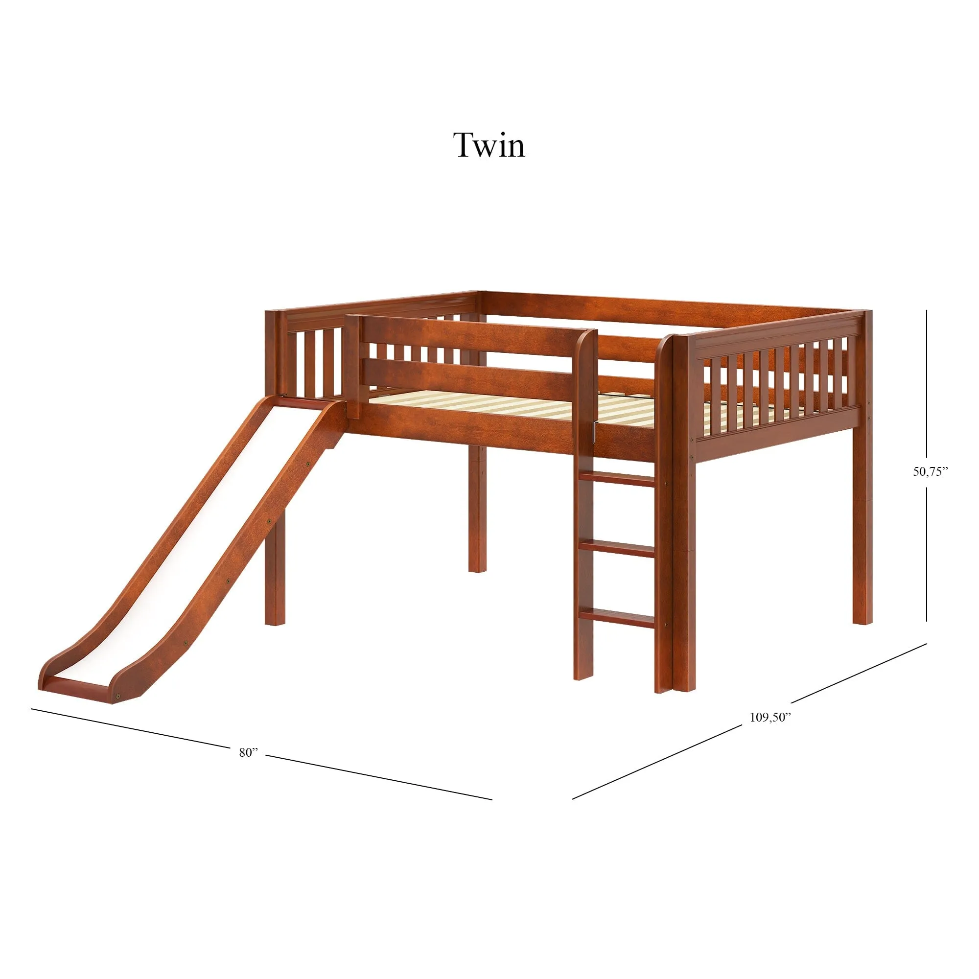 Full Low Loft Bed with Slide and Ladder on Front