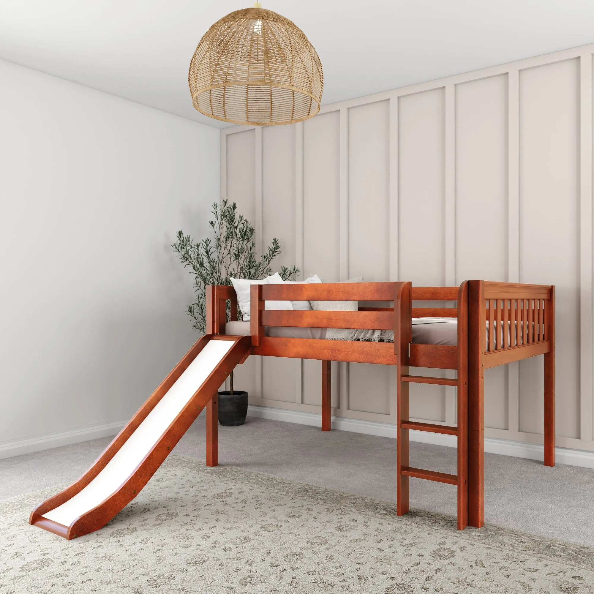 Full Low Loft Bed with Slide and Ladder on Front