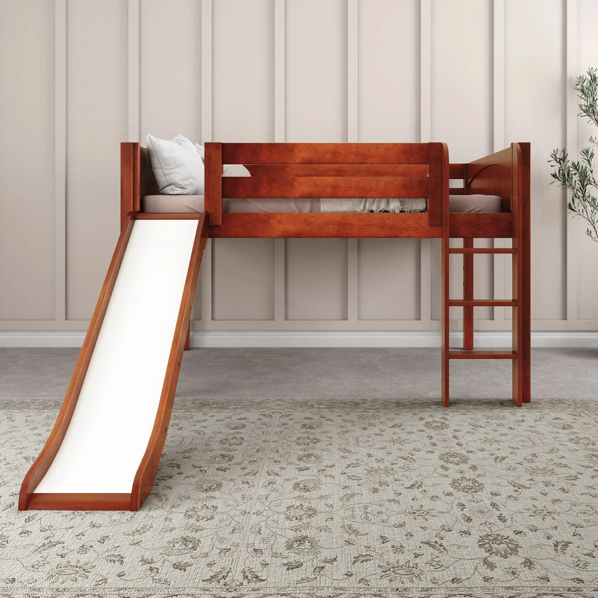 Full Low Loft Bed with Slide and Ladder on Front
