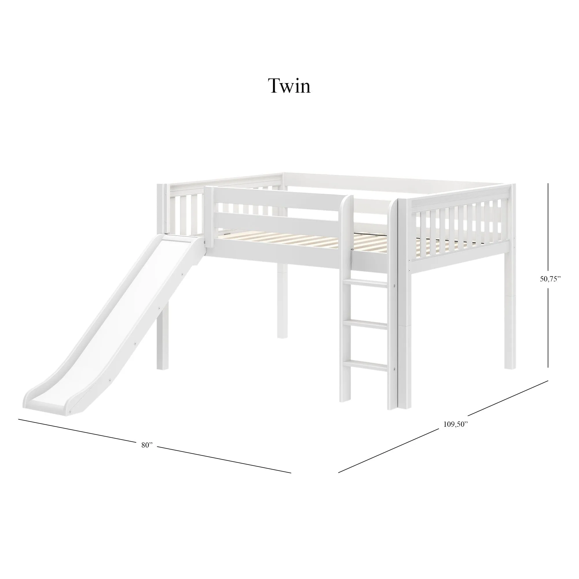 Full Low Loft Bed with Slide and Ladder on Front