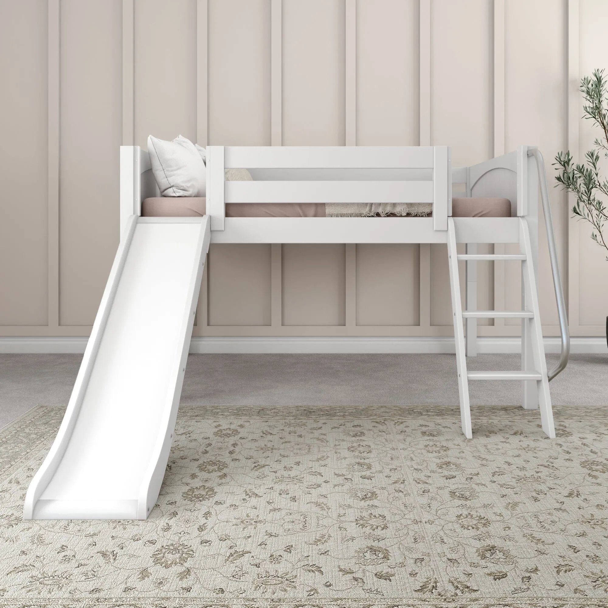 Full Low Loft Bed with Slide and Ladder on Front
