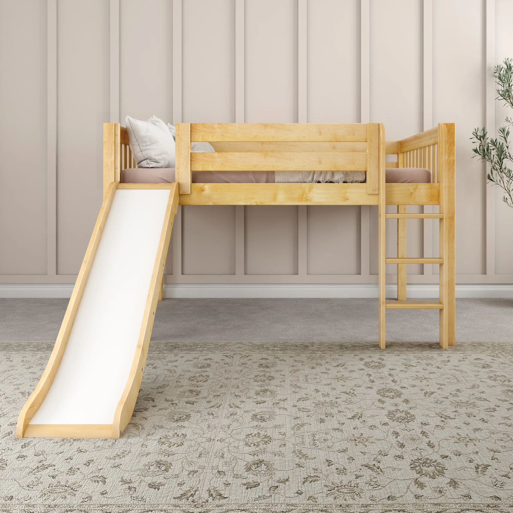 Full Low Loft Bed with Slide and Ladder on Front