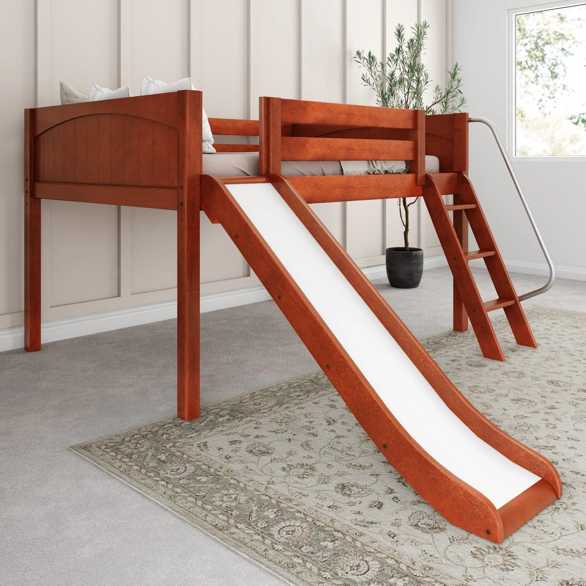 Full Low Loft Bed with Slide and Ladder on Front