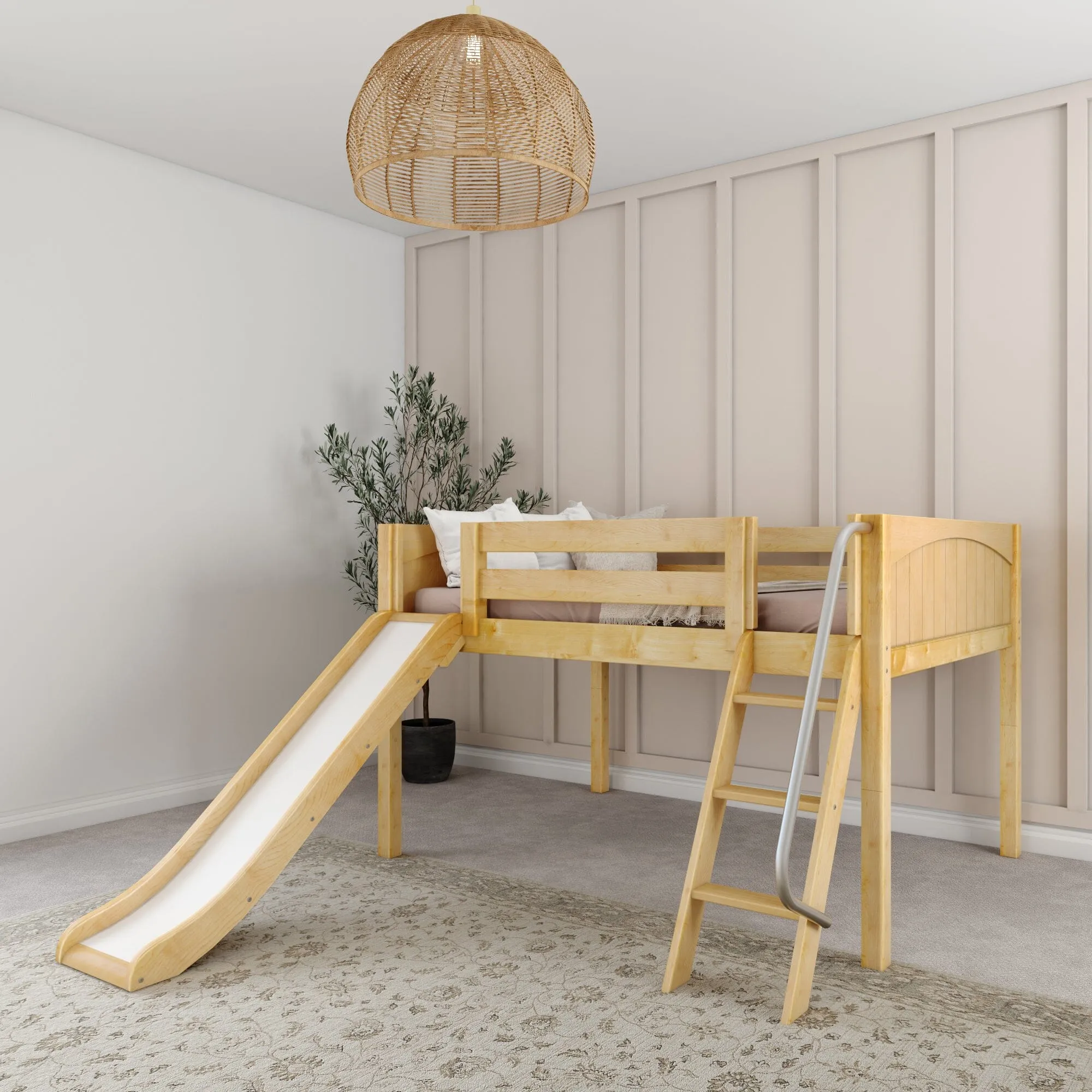 Full Low Loft Bed with Slide and Ladder on Front