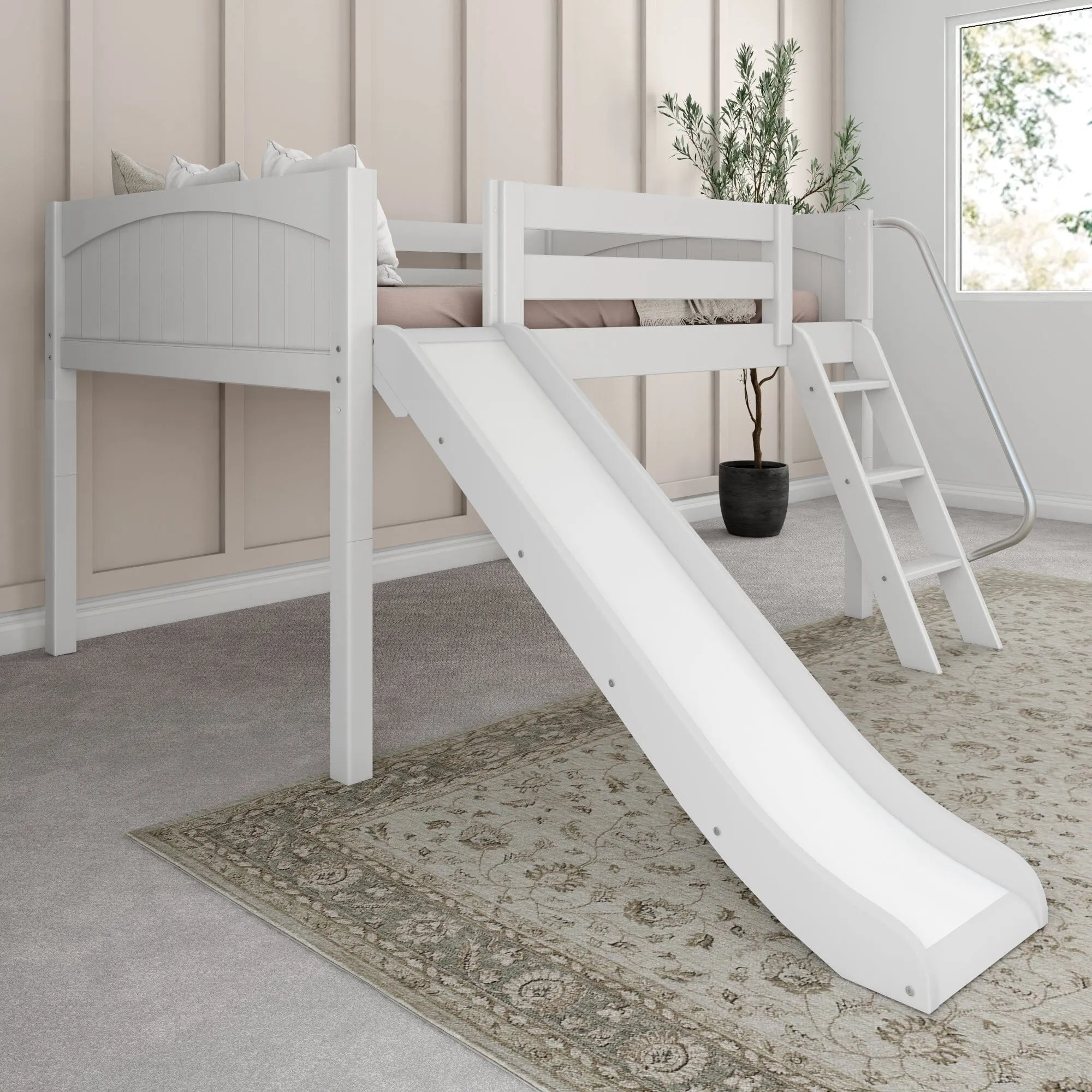 Full Low Loft Bed with Slide and Ladder on Front