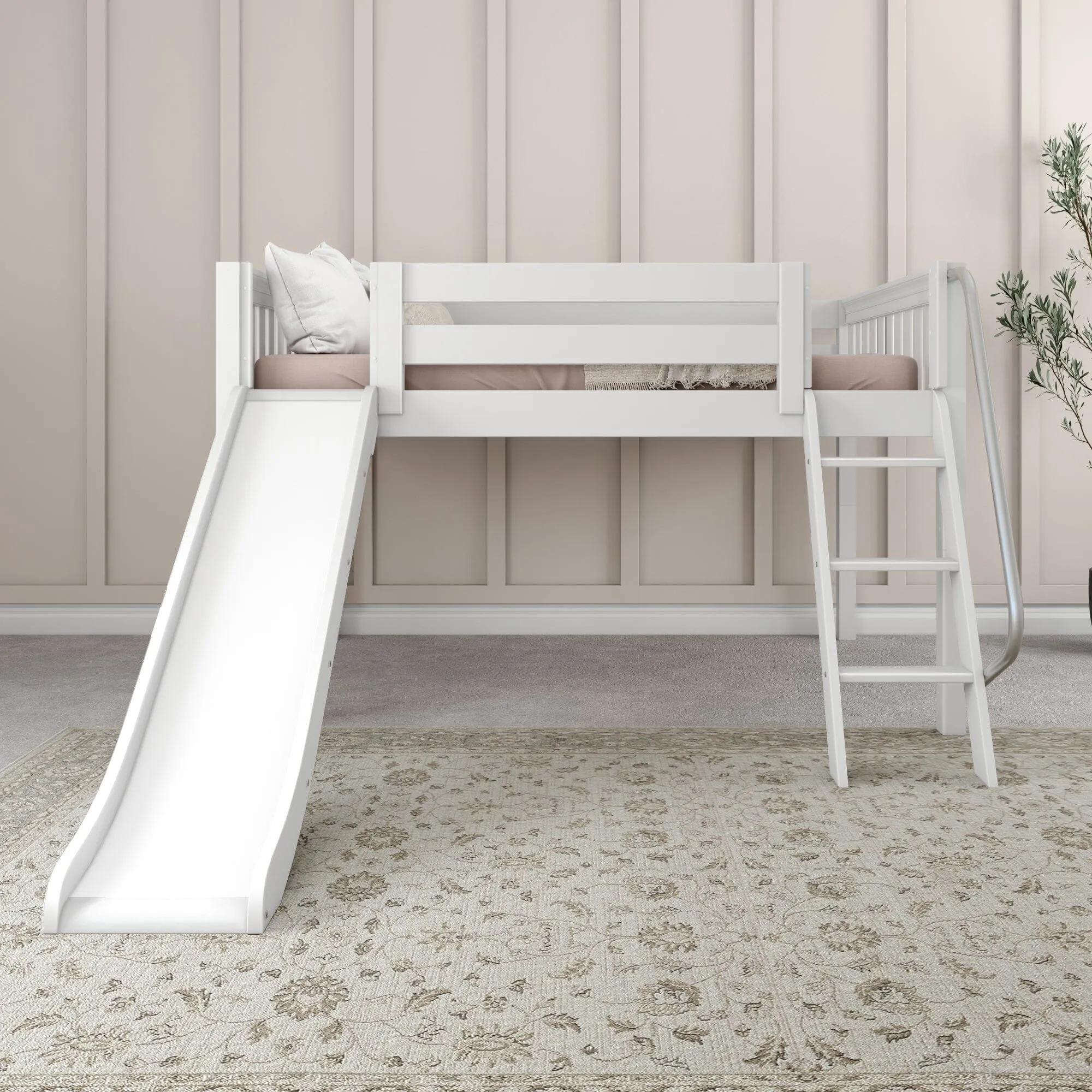 Full Low Loft Bed with Slide and Ladder on Front
