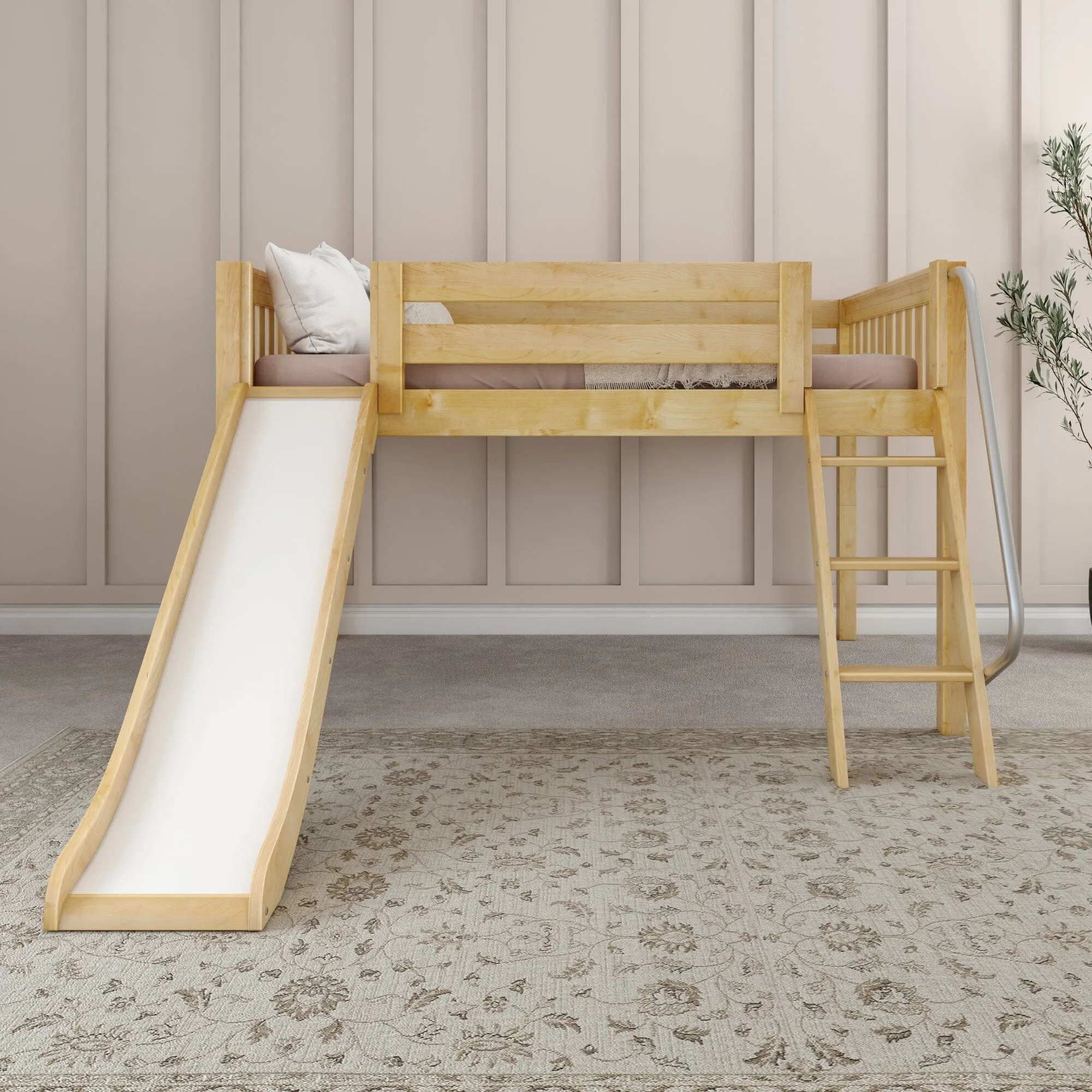 Full Low Loft Bed with Slide and Ladder on Front