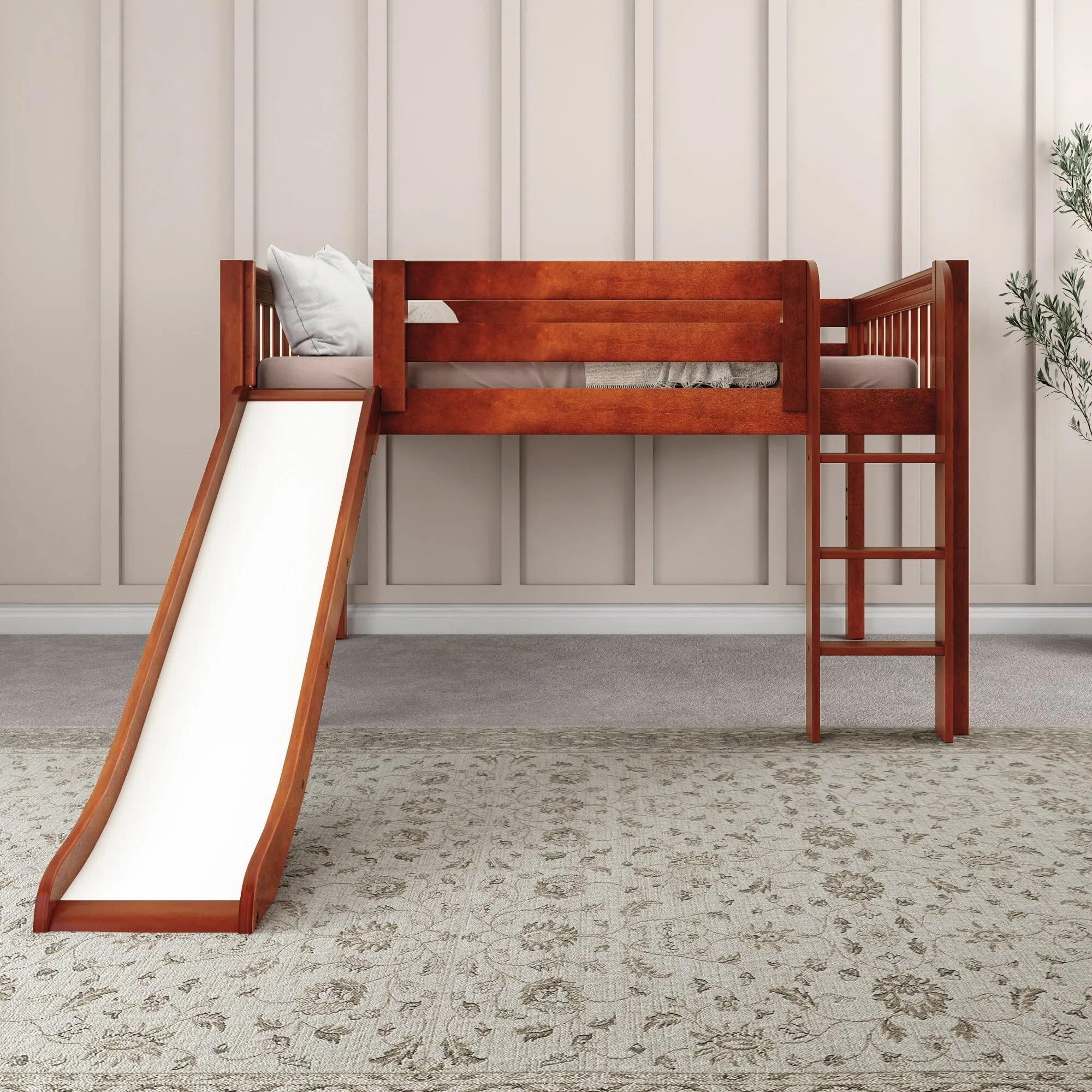 Full Low Loft Bed with Slide and Ladder on Front