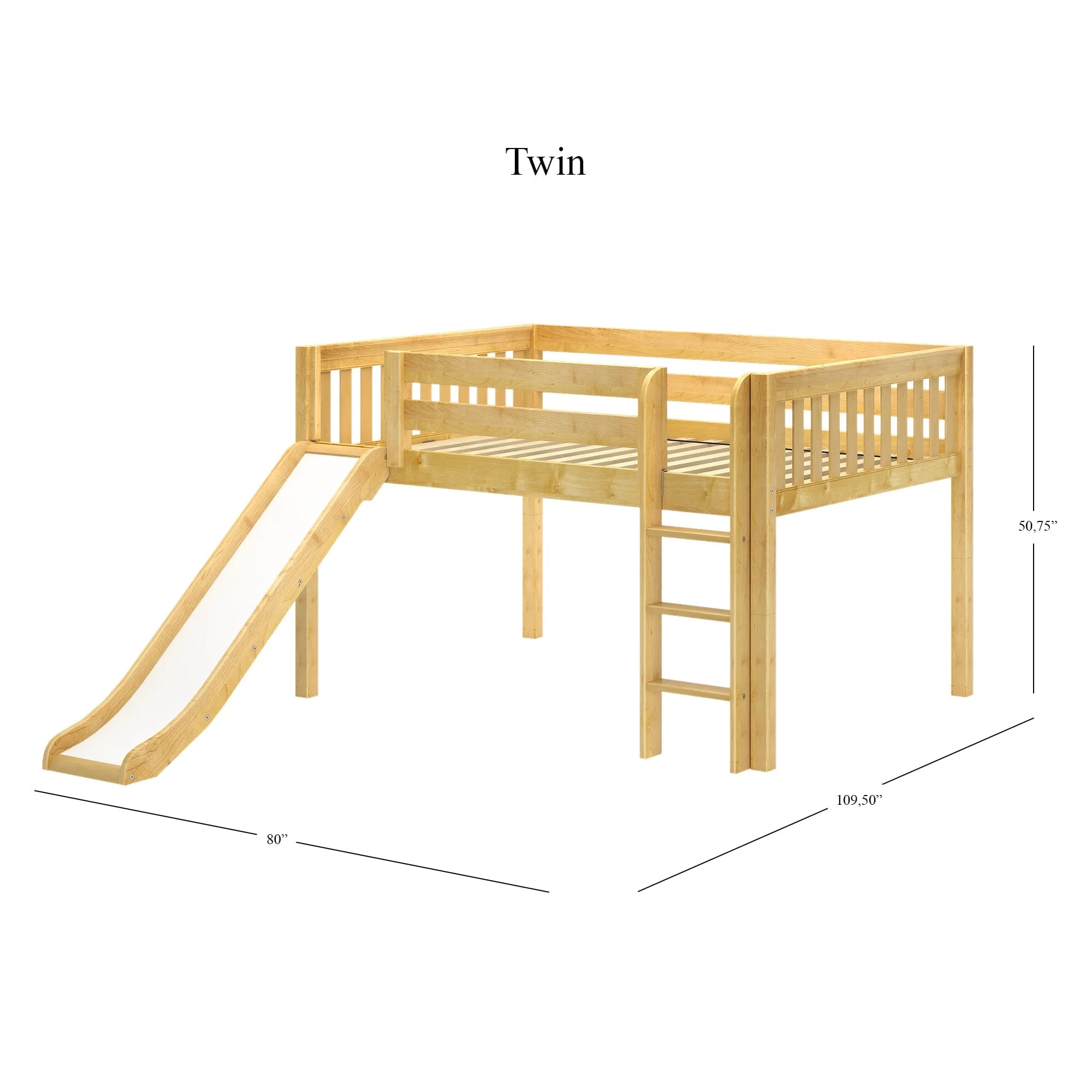 Full Low Loft Bed with Slide and Ladder on Front