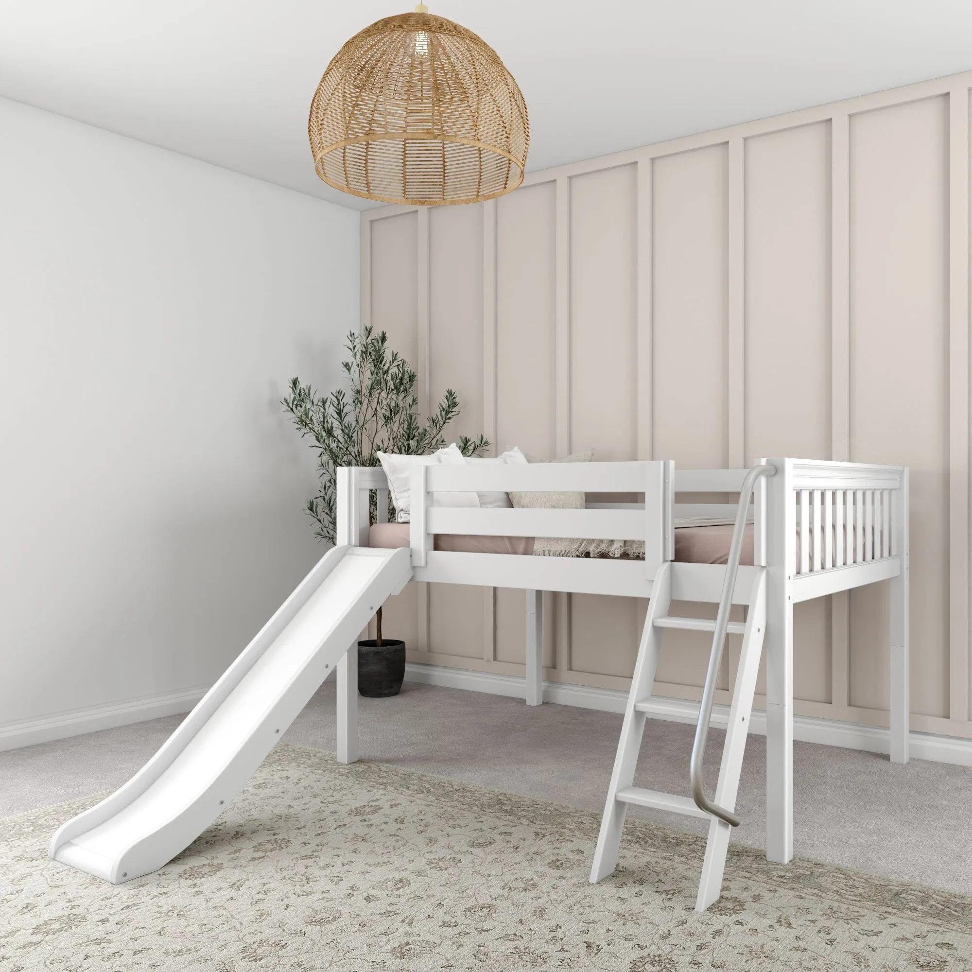 Full Low Loft Bed with Slide and Ladder on Front