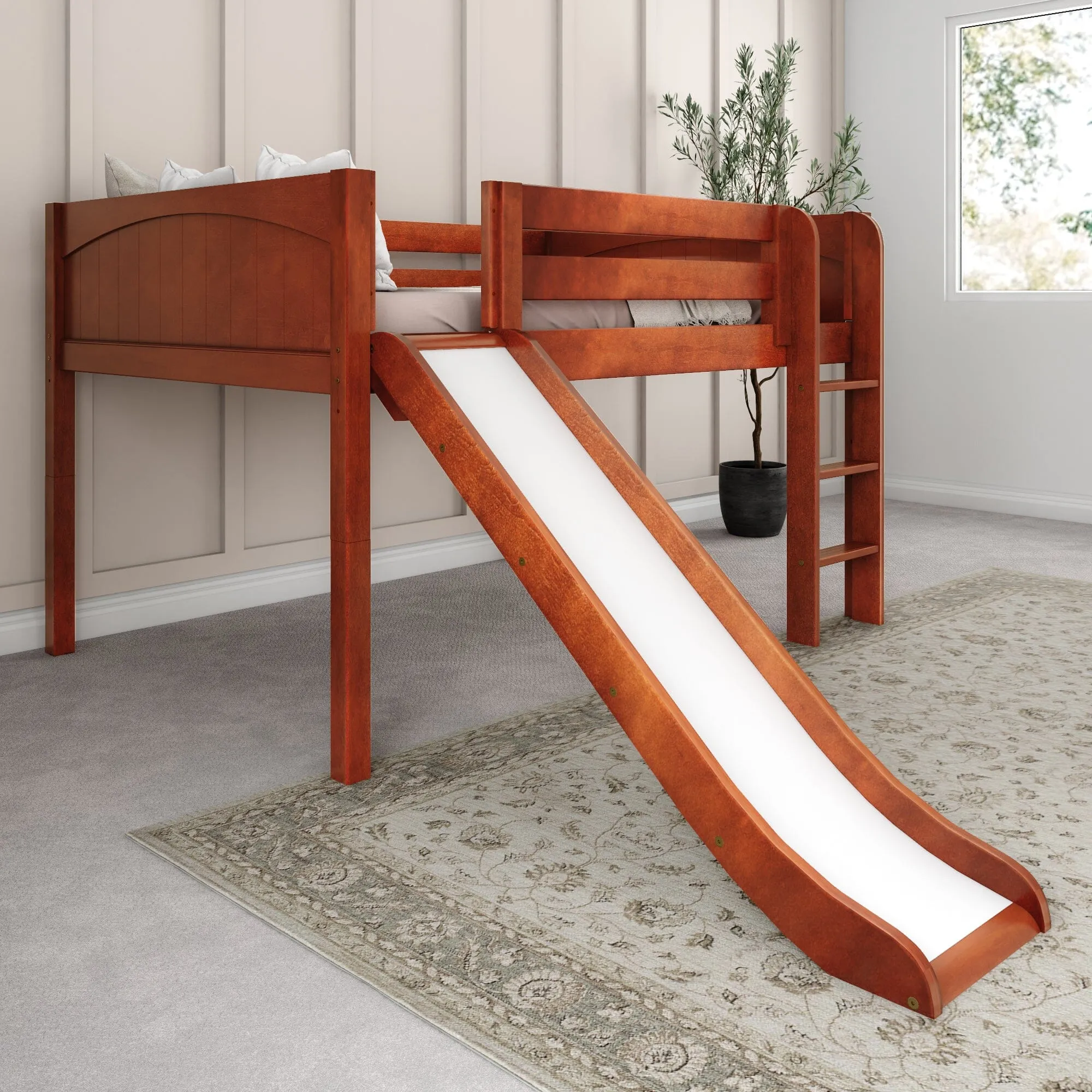 Full Low Loft Bed with Slide and Ladder on Front