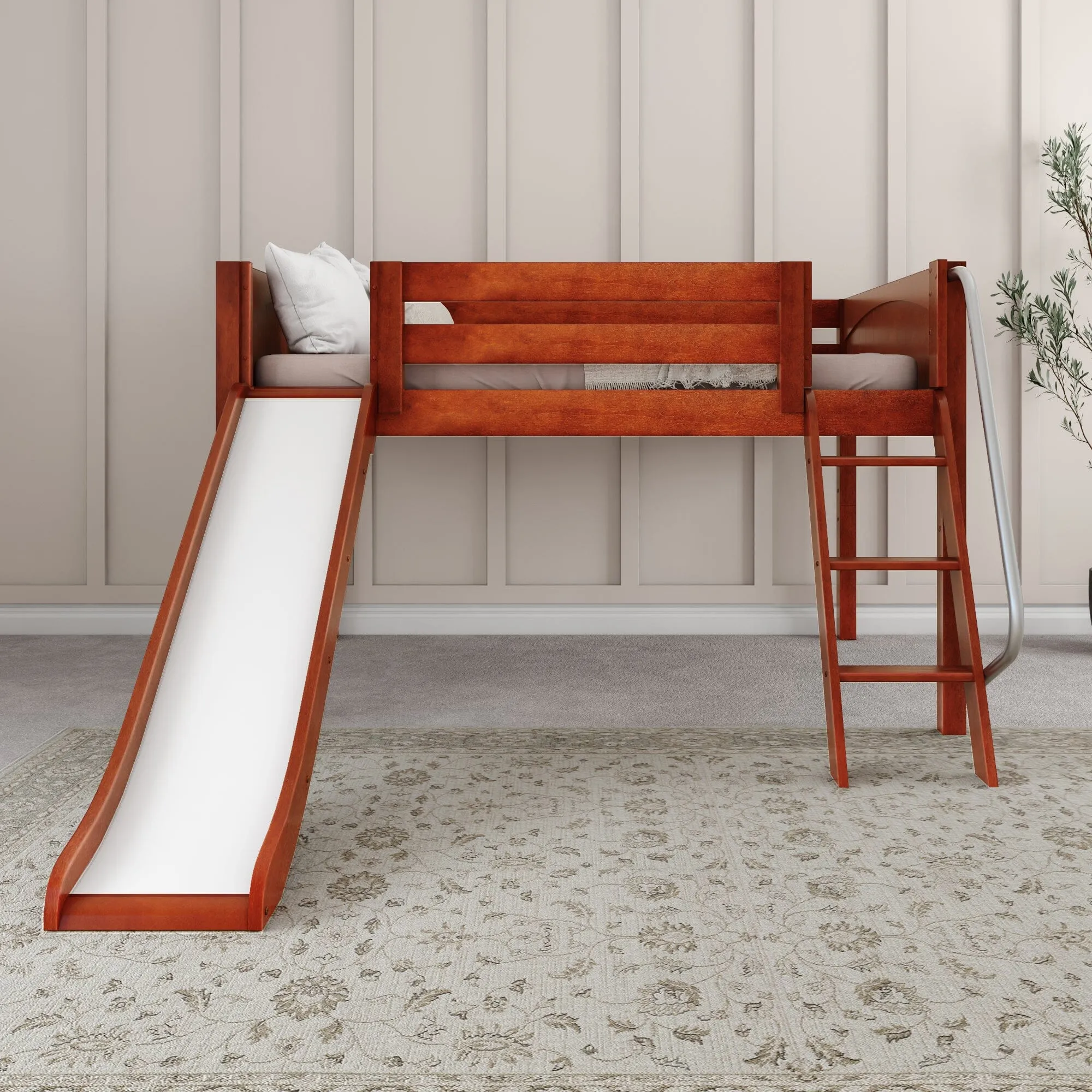 Full Low Loft Bed with Slide and Ladder on Front