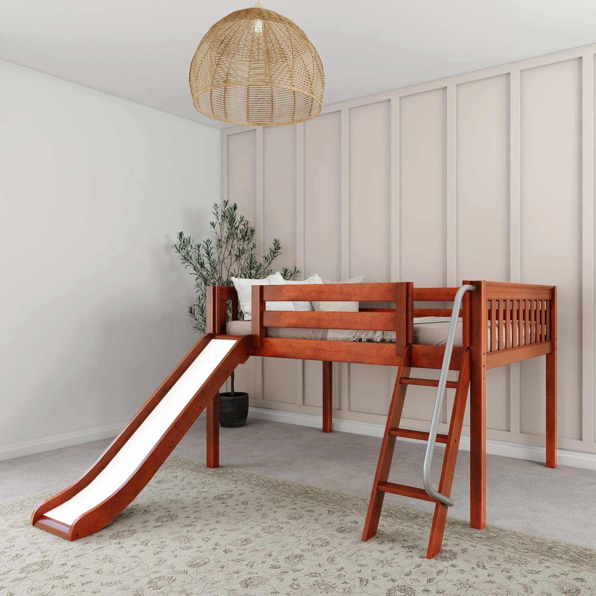 Full Low Loft Bed with Slide and Ladder on Front