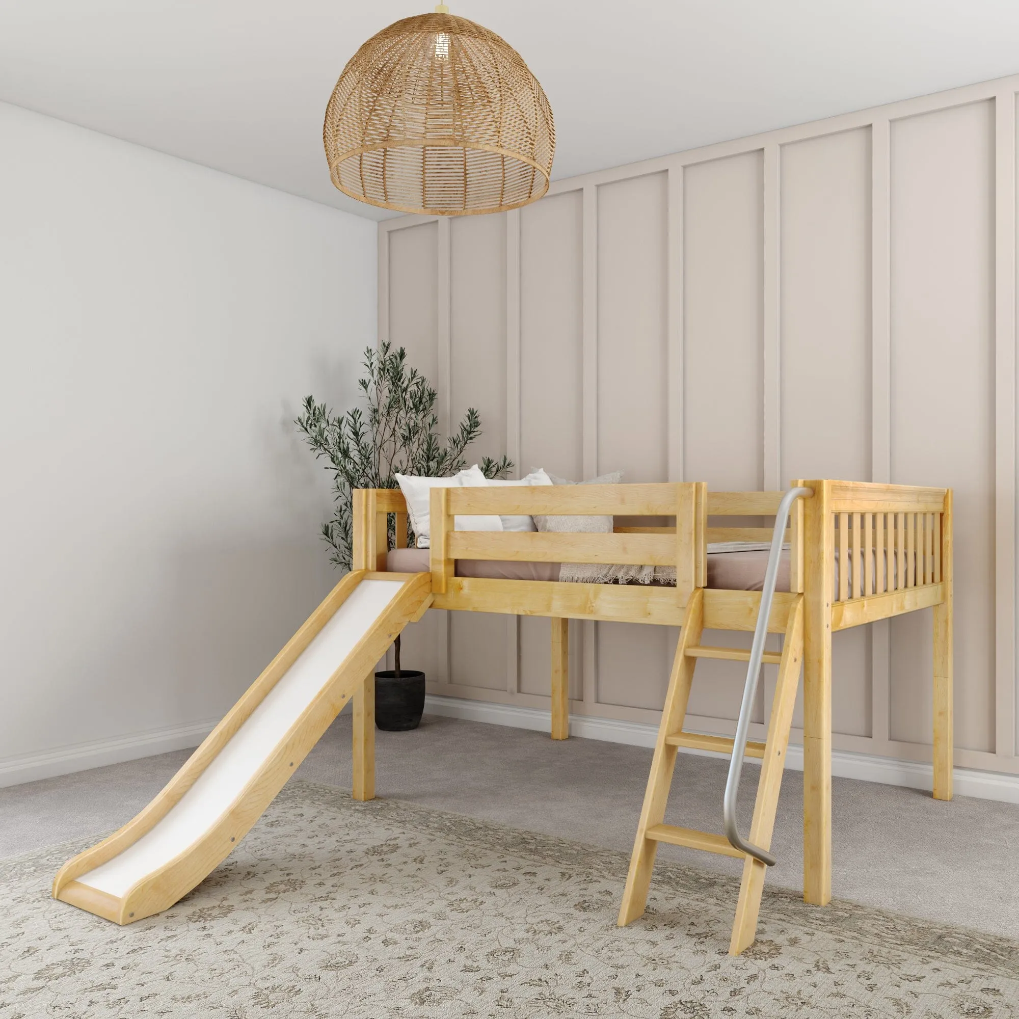 Full Low Loft Bed with Slide and Ladder on Front