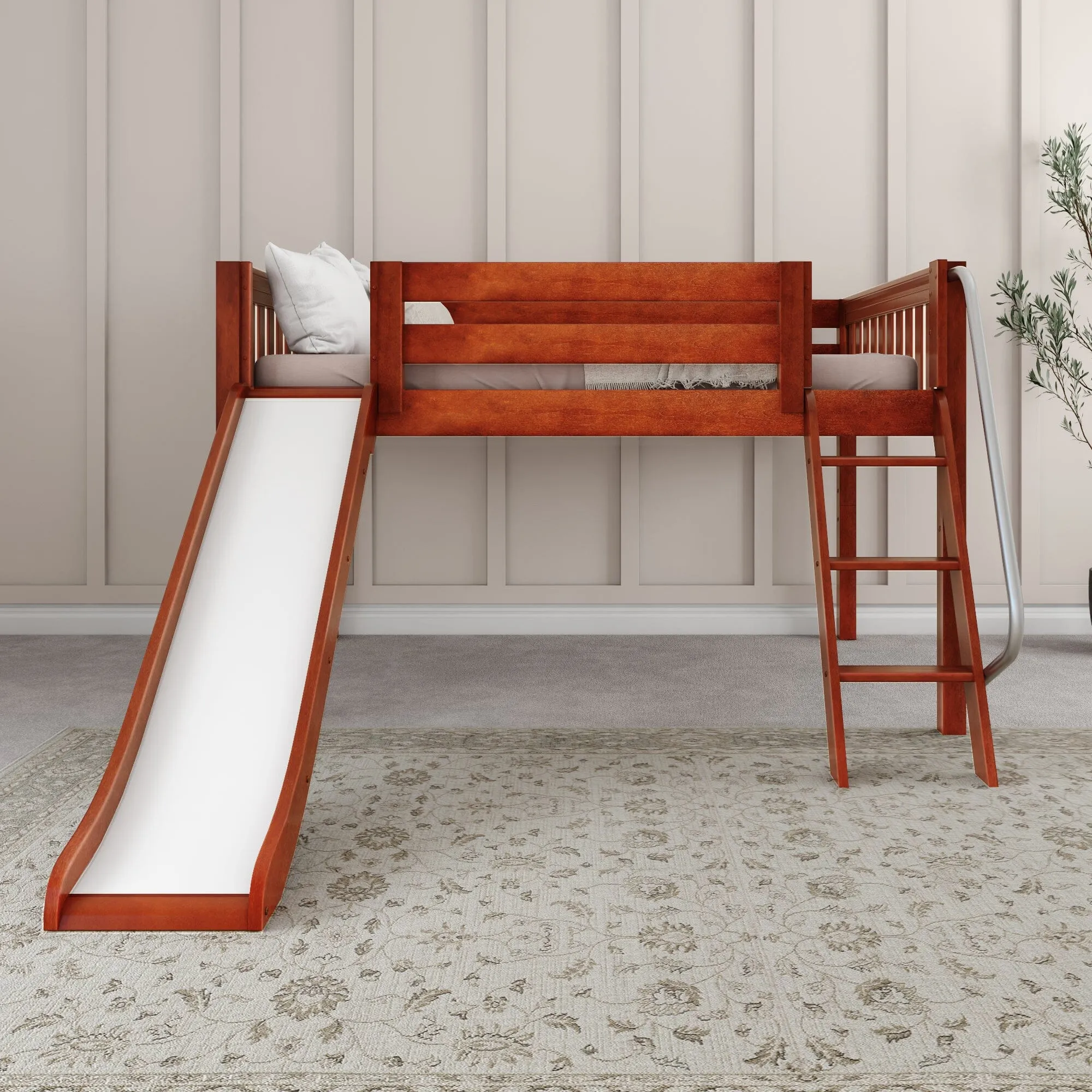 Full Low Loft Bed with Slide and Ladder on Front