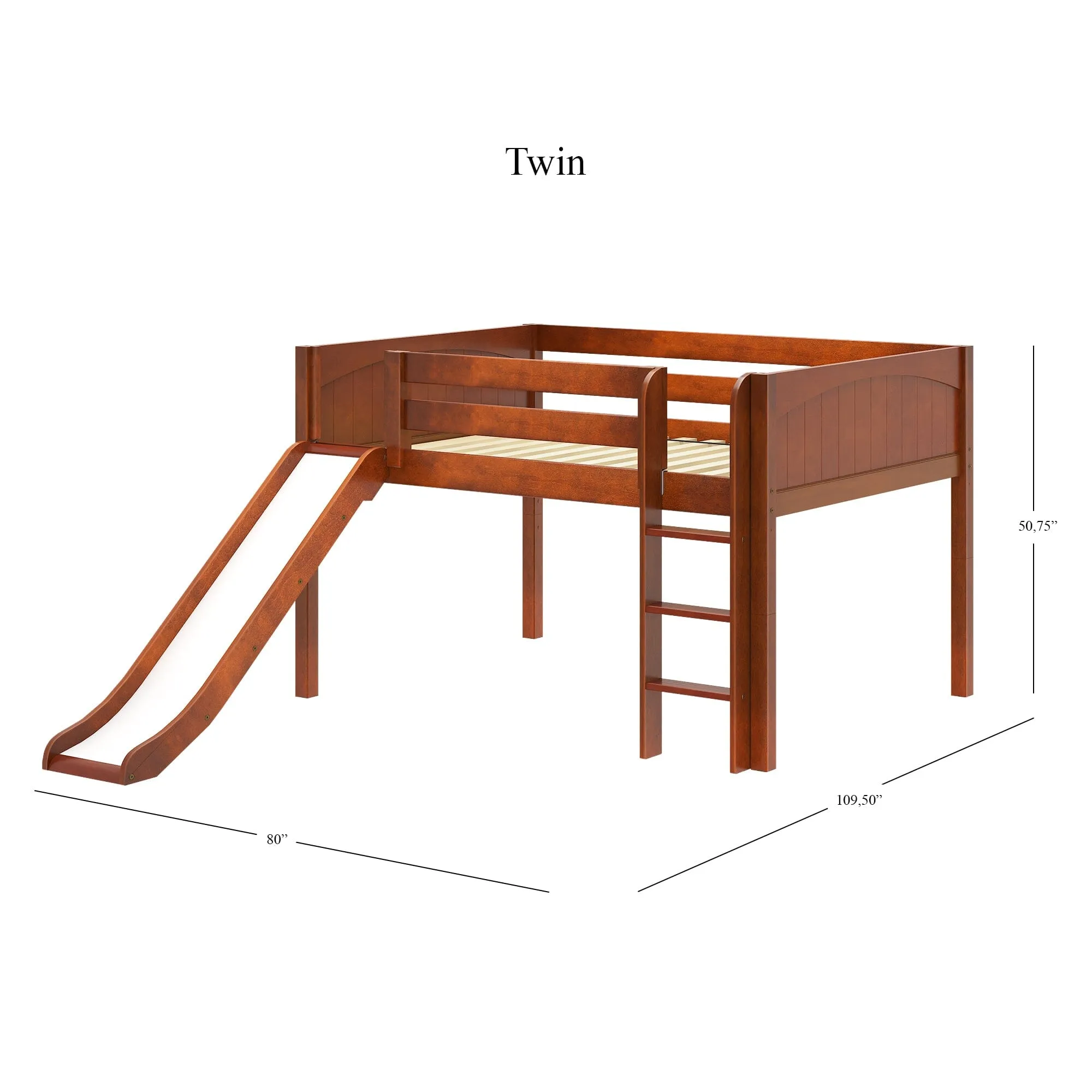 Full Low Loft Bed with Slide and Ladder on Front