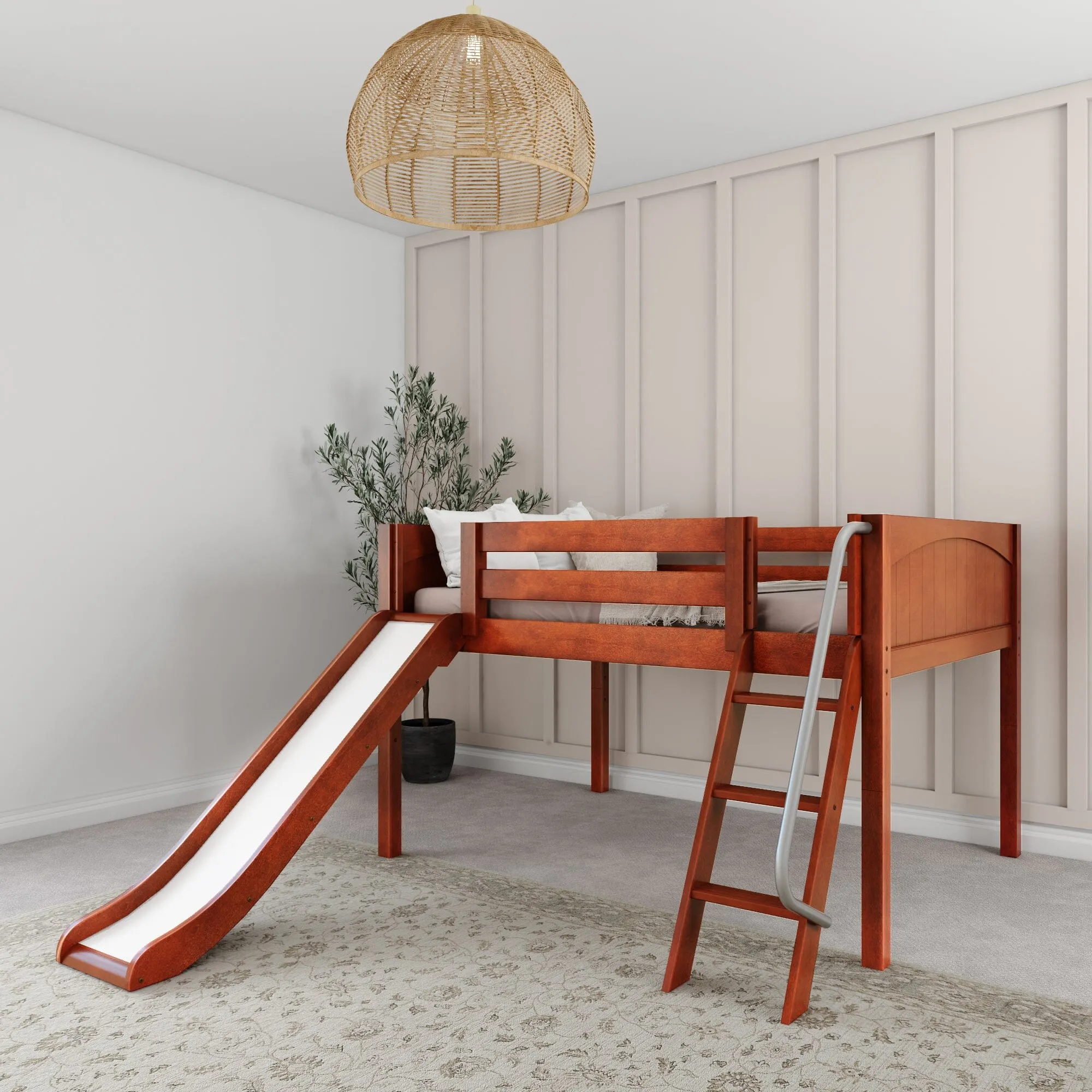 Full Low Loft Bed with Slide and Ladder on Front