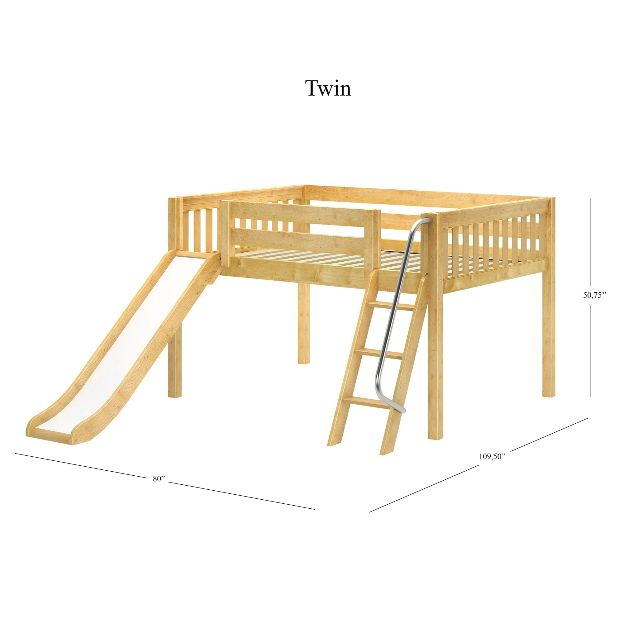 Full Low Loft Bed with Slide and Ladder on Front