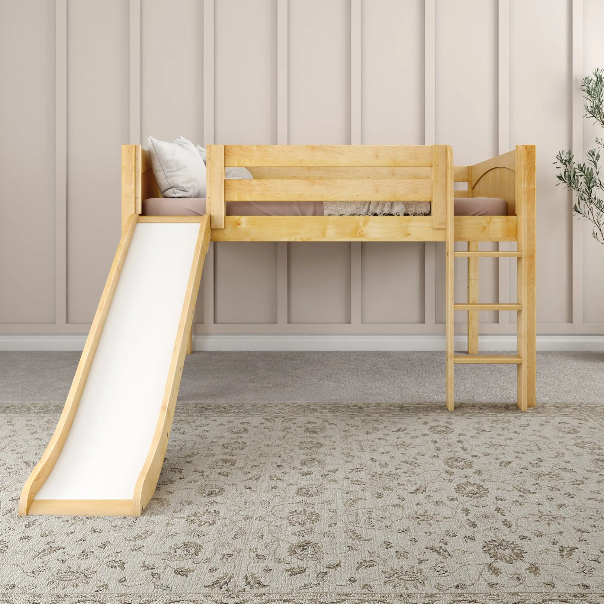 Full Low Loft Bed with Slide and Ladder on Front