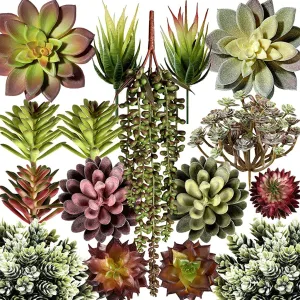 HASTHIP Plastic 16Pcs Artificial Succulent Plants, Faux Aloe Cactus Plant, Fake Textured Succulent For Indoor Outdoor Floral Arrangement Home Decor And Diy Landscape Decorations, Artificial Plant