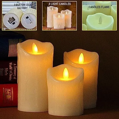 HEBEZON Battery Powered Flameless Acrylic LED Pillar Candle with Melted Effect Moving Wick Xmas Party Bar Décor (Multicolor, 8cm, 11cm, 14cm) -Pack of 3Pcs.