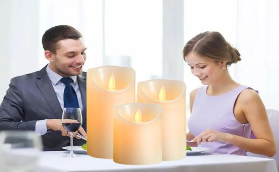 HEBEZON Battery Powered Flameless Acrylic LED Pillar Candle with Melted Effect Moving Wick Xmas Party Bar Décor (Multicolor, 8cm, 11cm, 14cm) -Pack of 3Pcs.