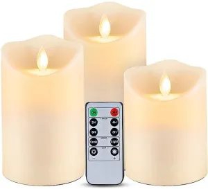 HEBEZON Battery Powered Flameless Acrylic LED Pillar Candle with Melted Effect Moving Wick Xmas Party Bar Décor (Multicolor, 8cm, 11cm, 14cm) -Pack of 3Pcs.