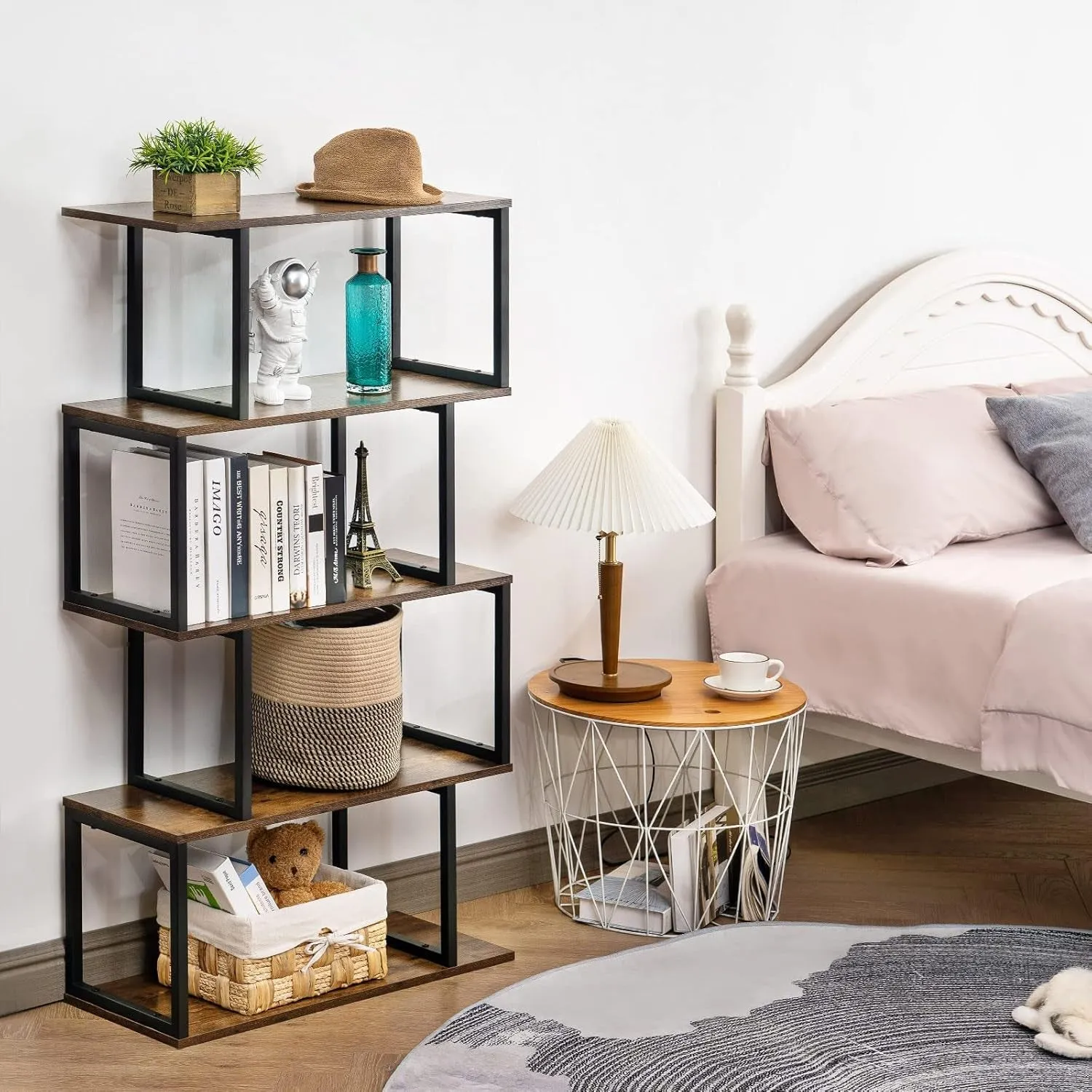 Industrial Bookshelves Wooden Bookcase, 4-Tier Bookshelf, S-Shaped Bookshelf Modern Bookshelf, Freestanding Decorative Storage Shelving for Living Room Home Office, Rustic Brown