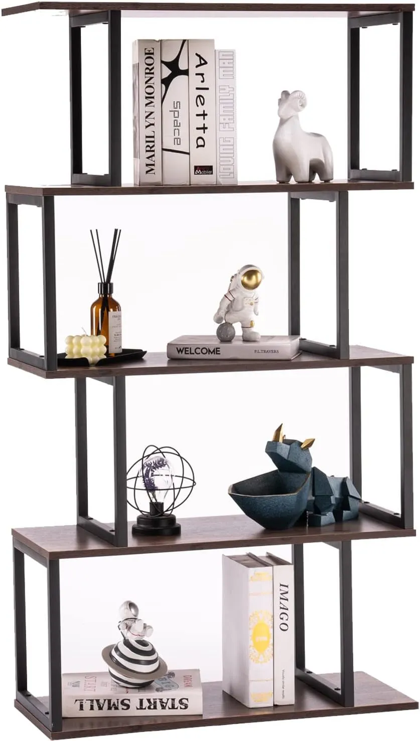 Industrial Bookshelves Wooden Bookcase, 4-Tier Bookshelf, S-Shaped Bookshelf Modern Bookshelf, Freestanding Decorative Storage Shelving for Living Room Home Office, Rustic Brown