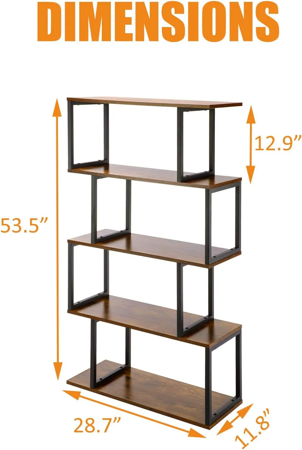 Industrial Bookshelves Wooden Bookcase, 4-Tier Bookshelf, S-Shaped Bookshelf Modern Bookshelf, Freestanding Decorative Storage Shelving for Living Room Home Office, Rustic Brown
