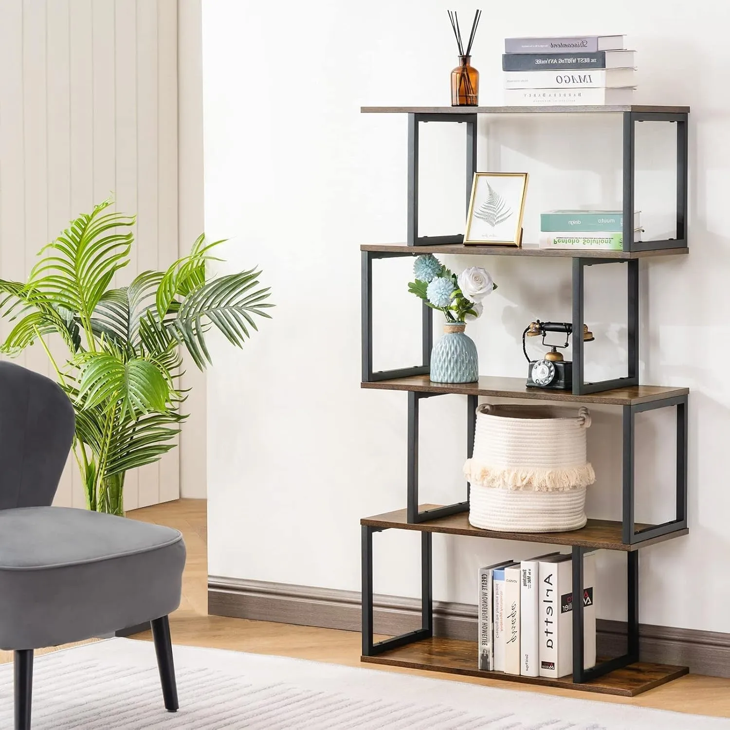 Industrial Bookshelves Wooden Bookcase, 4-Tier Bookshelf, S-Shaped Bookshelf Modern Bookshelf, Freestanding Decorative Storage Shelving for Living Room Home Office, Rustic Brown