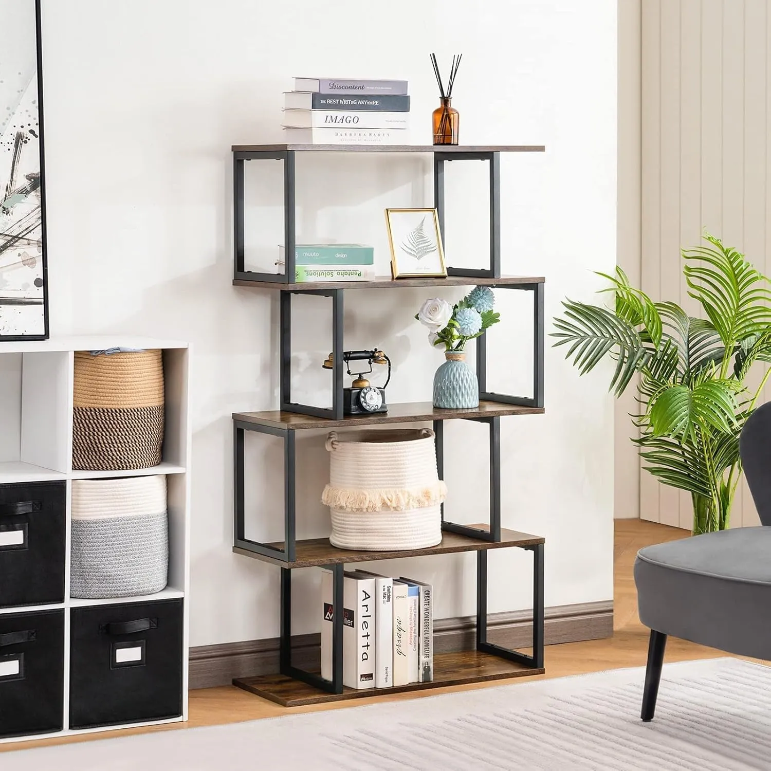 Industrial Bookshelves Wooden Bookcase, 4-Tier Bookshelf, S-Shaped Bookshelf Modern Bookshelf, Freestanding Decorative Storage Shelving for Living Room Home Office, Rustic Brown