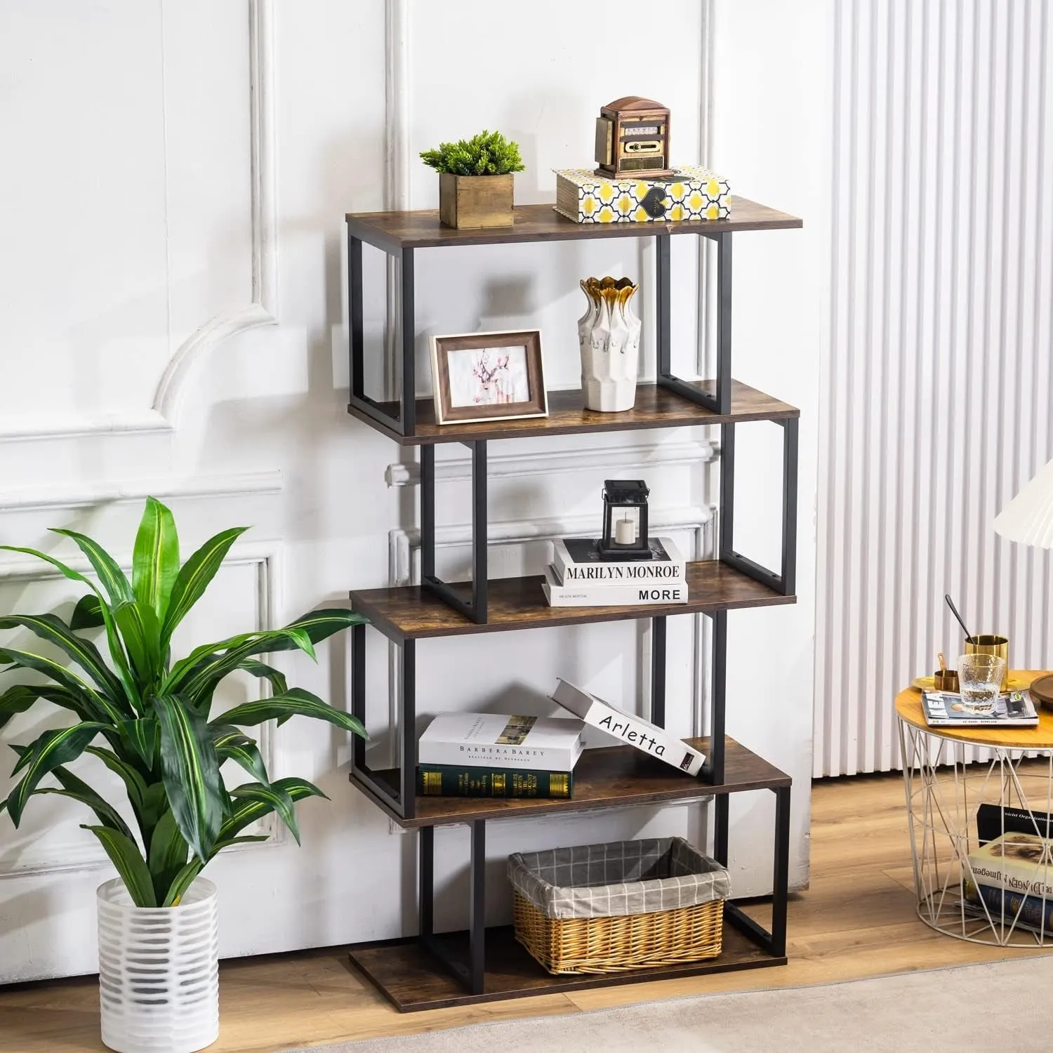 Industrial Bookshelves Wooden Bookcase, 4-Tier Bookshelf, S-Shaped Bookshelf Modern Bookshelf, Freestanding Decorative Storage Shelving for Living Room Home Office, Rustic Brown