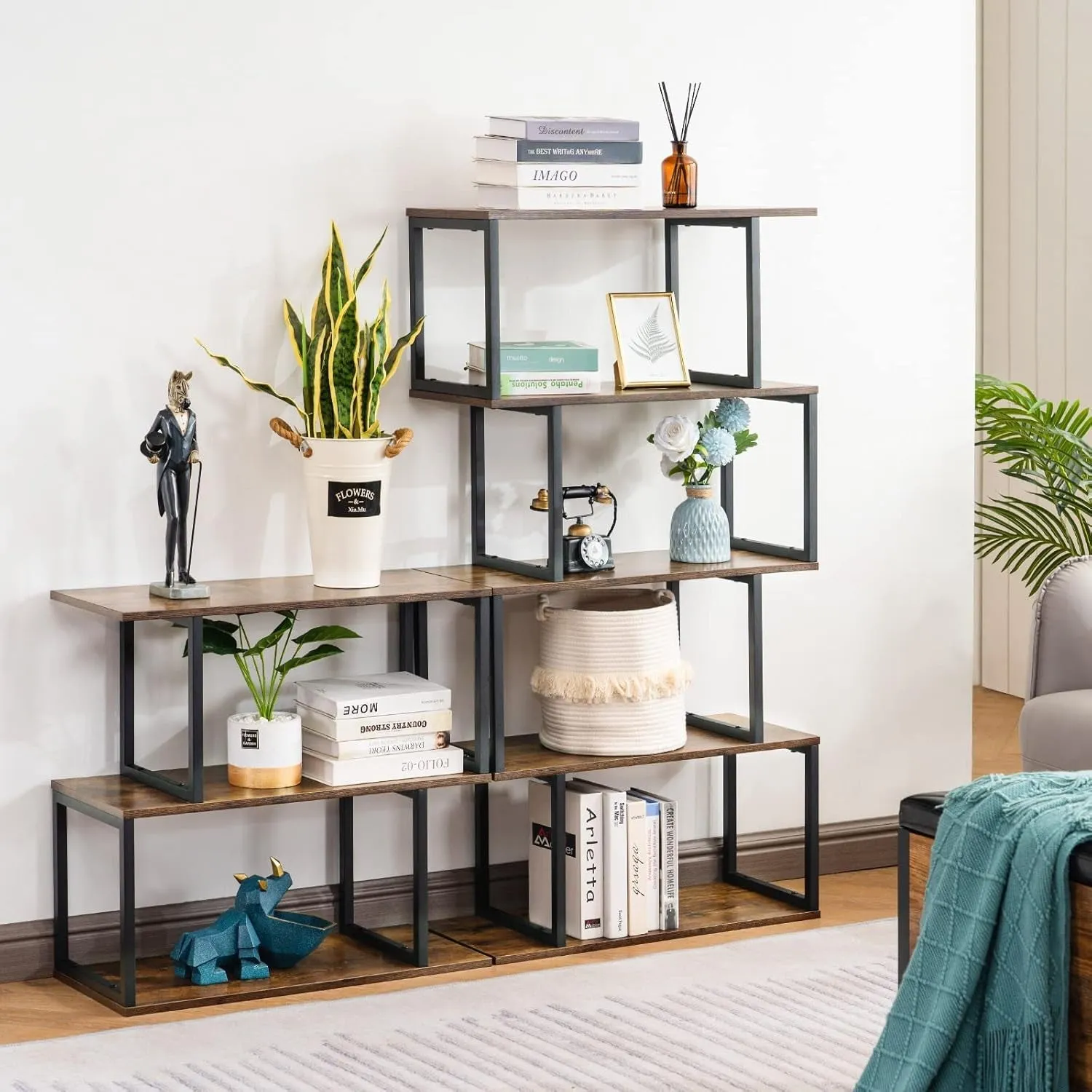 Industrial Bookshelves Wooden Bookcase, 4-Tier Bookshelf, S-Shaped Bookshelf Modern Bookshelf, Freestanding Decorative Storage Shelving for Living Room Home Office, Rustic Brown
