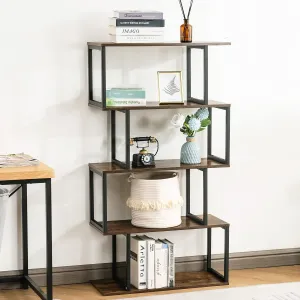 Industrial Bookshelves Wooden Bookcase, 4-Tier Bookshelf, S-Shaped Bookshelf Modern Bookshelf, Freestanding Decorative Storage Shelving for Living Room Home Office, Rustic Brown