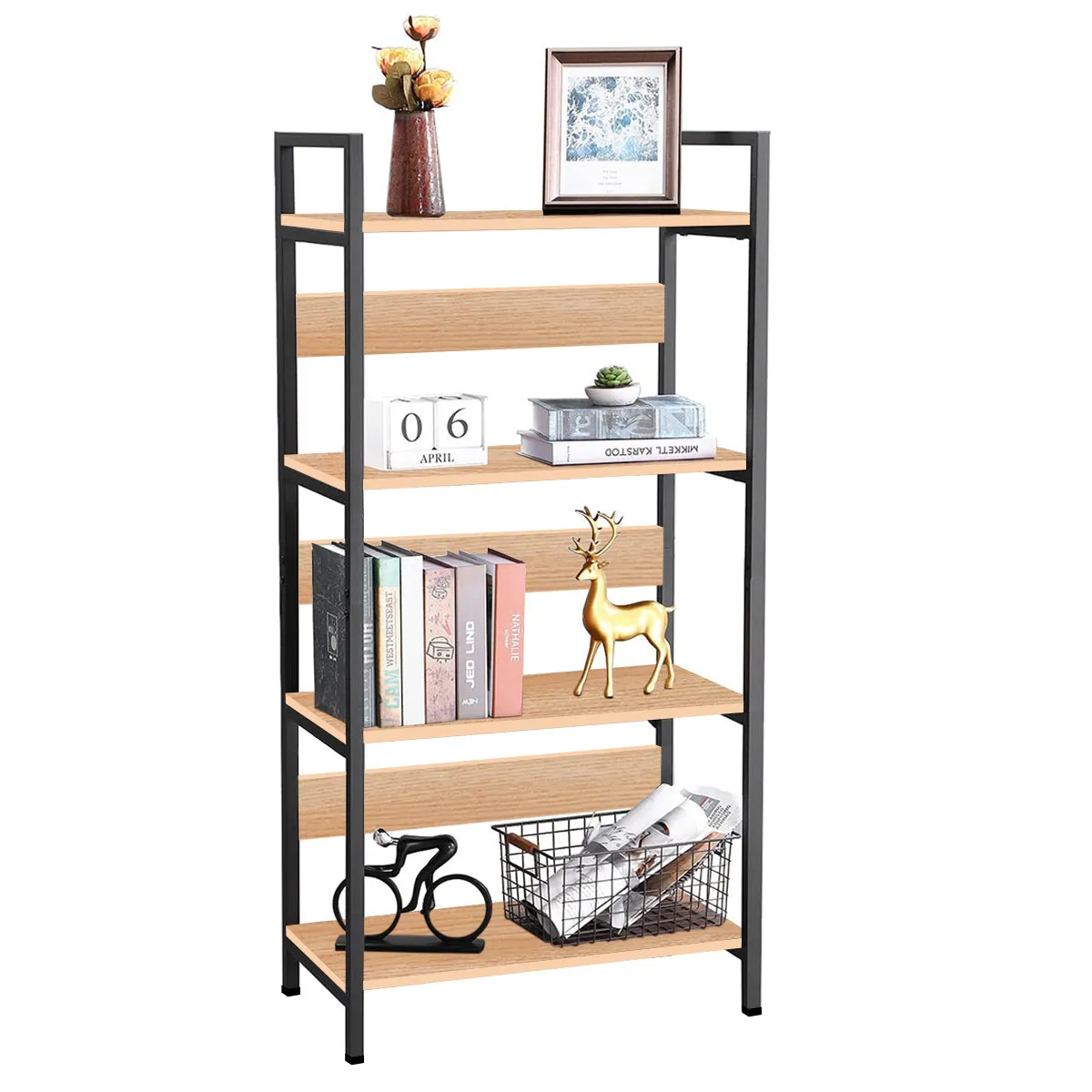 Kawachi 4 Tier Bookshelf Wooden Open Shelf Bookcase Standing Unit Shelves with Display Rack for Living Room, Bedroom and Home Office Beige
