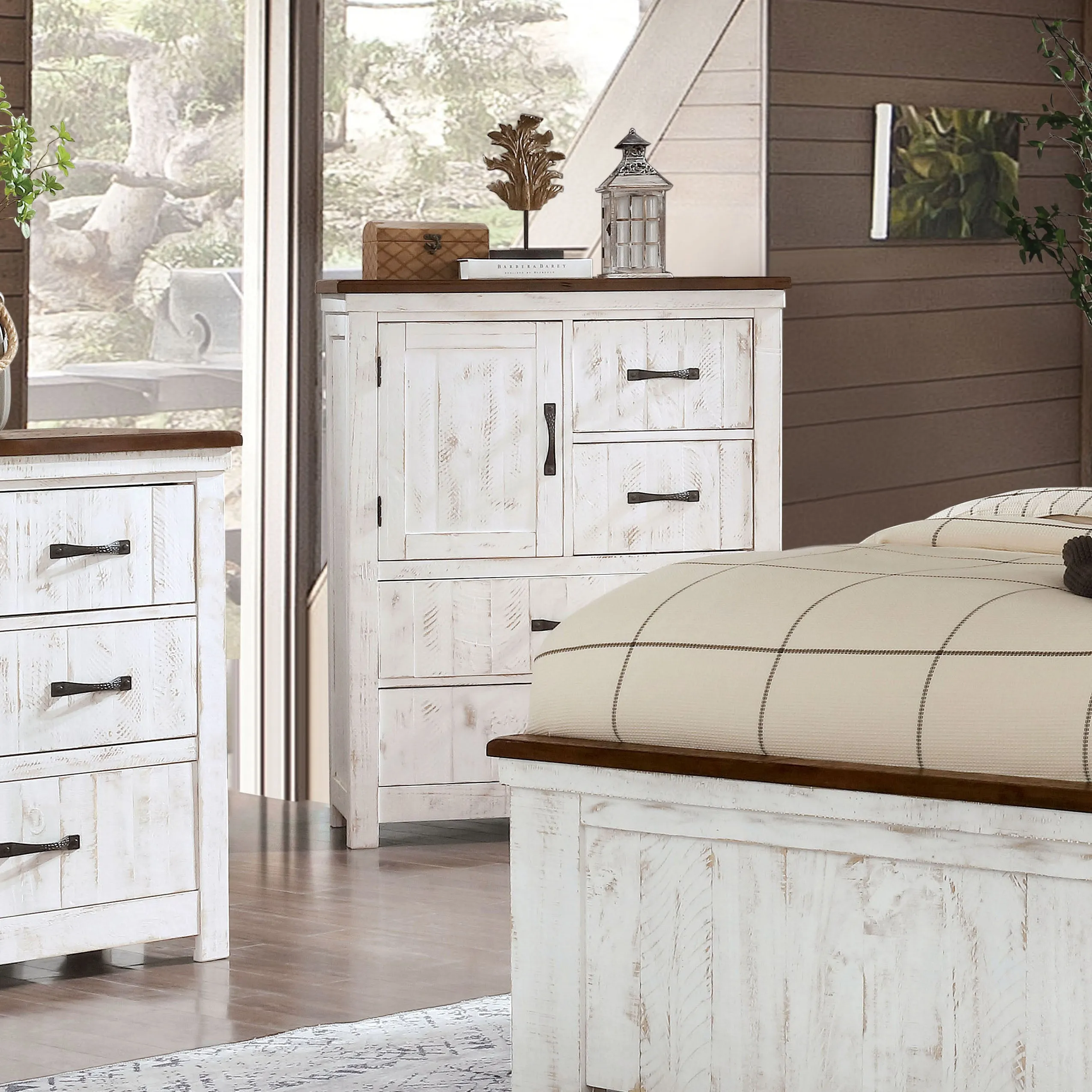 Marquam Farmhouse Distressed White and Walnut 4-drawer Tall Dresser